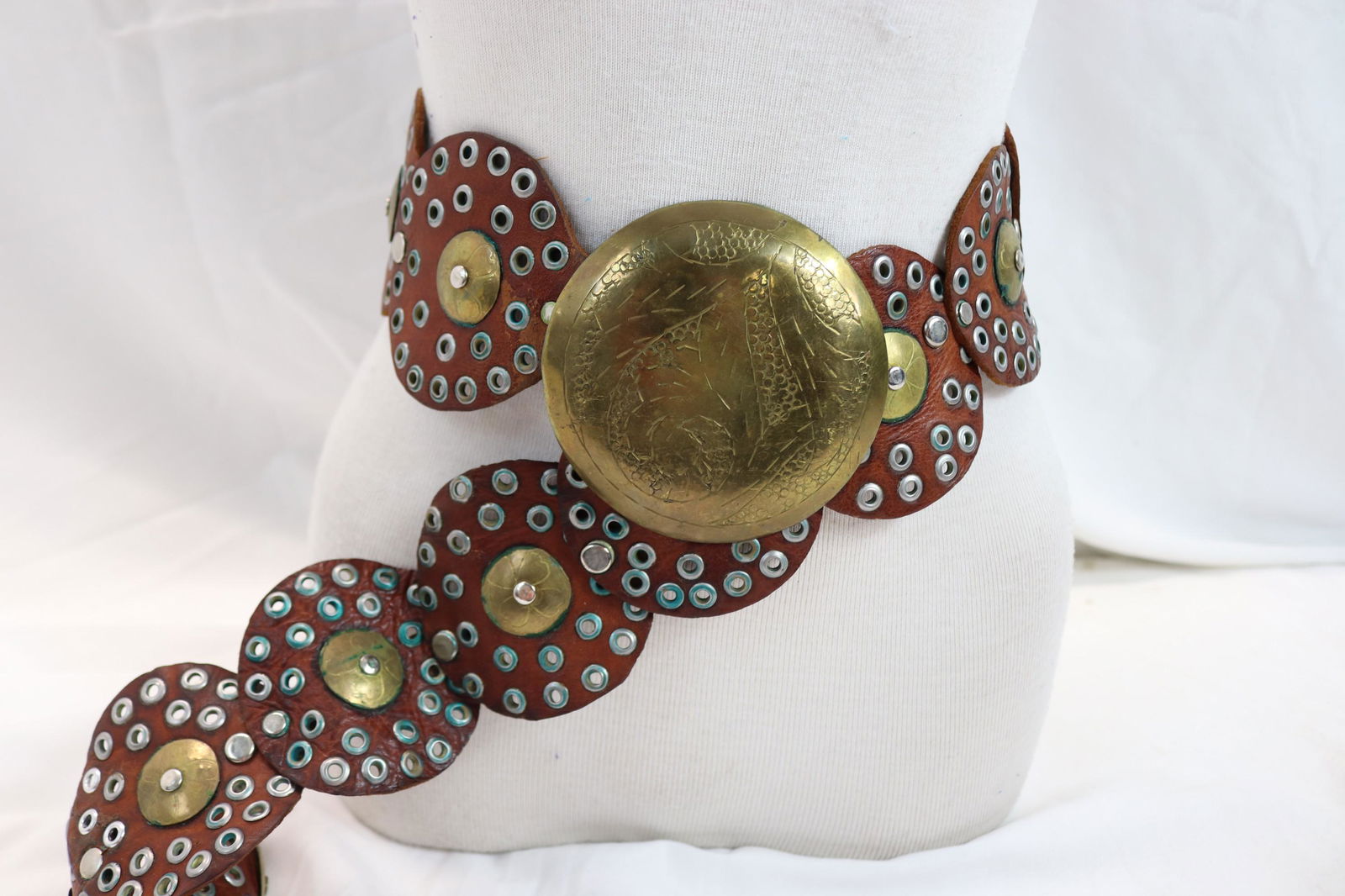 Vintage 1970's Leather Studded Belt with Large Brass Buckle (1 of 4)