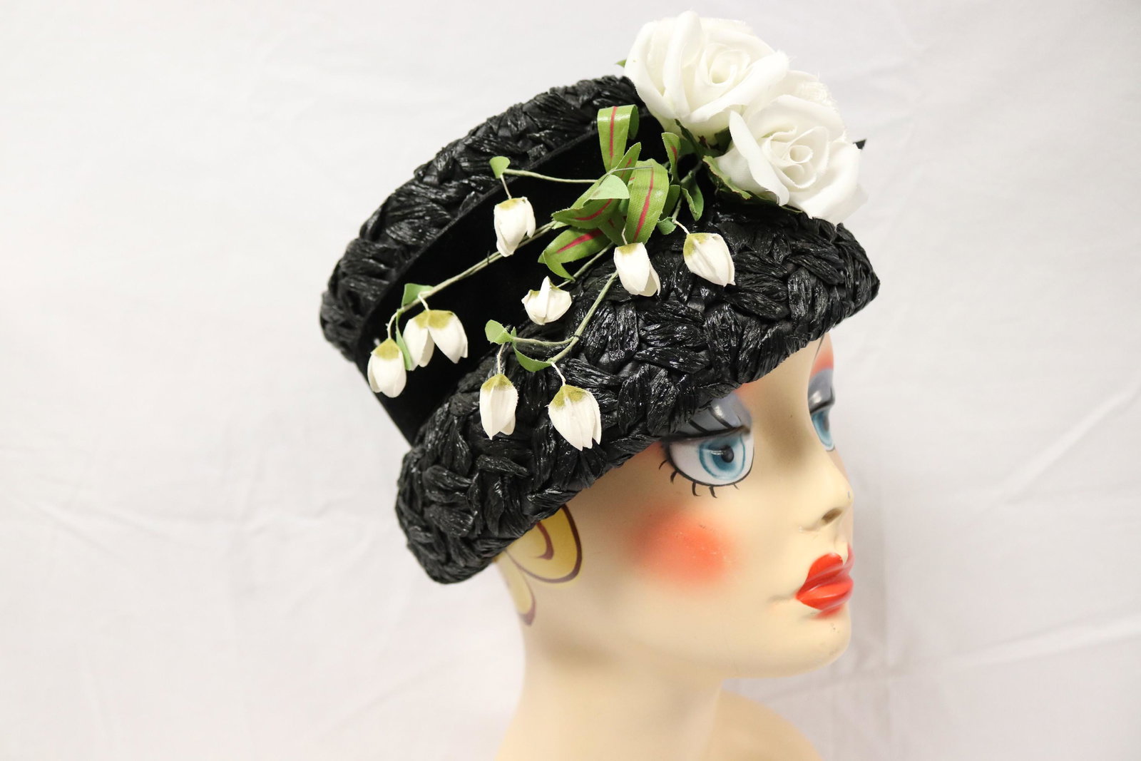 Vintage 1960 Black Raffia Hat with White Rose (1 of 4)