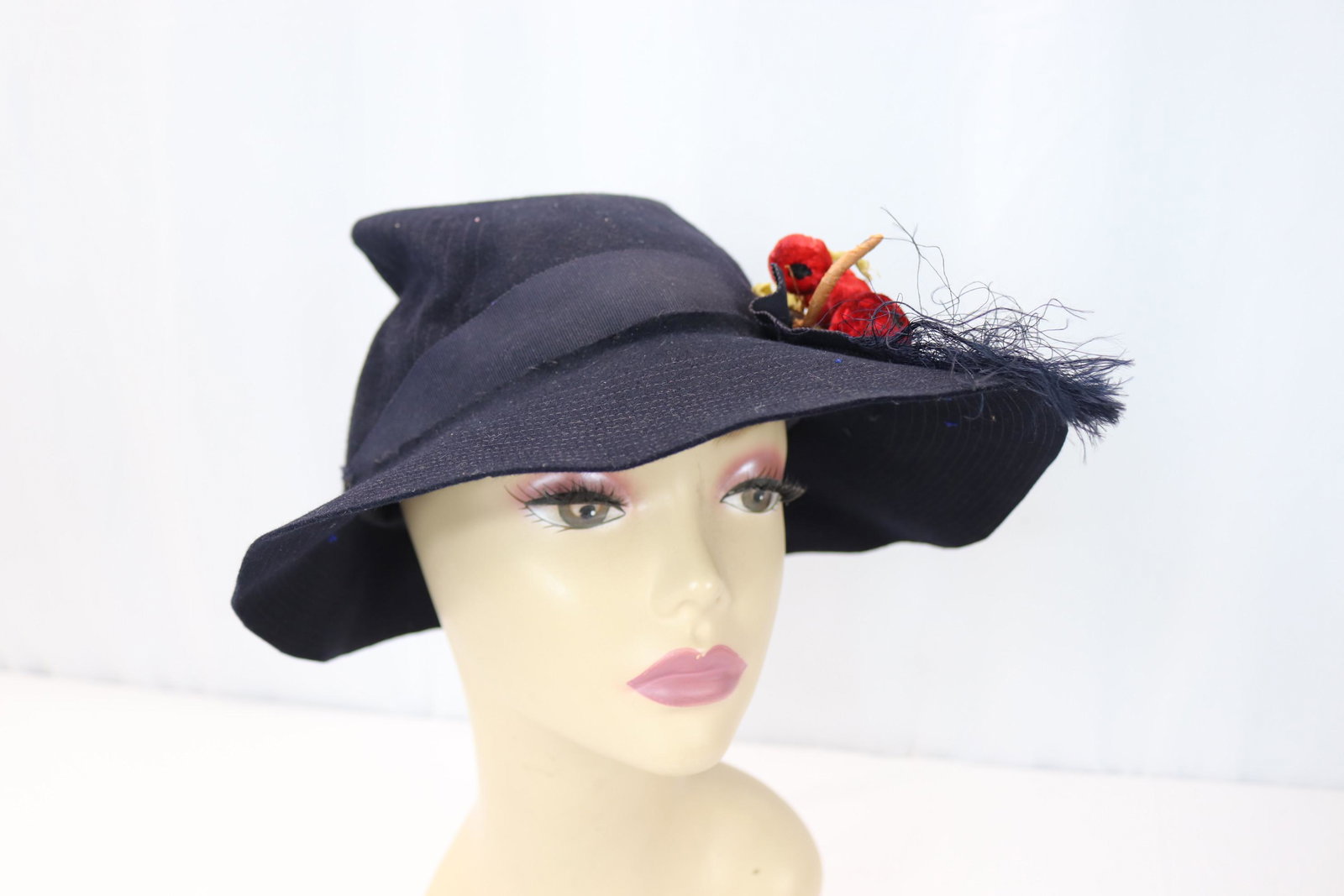 Vintage 1940's Marco Hat Navy Blue Felt Fedora Style Hat with Fruit Decoration (1 of 6)