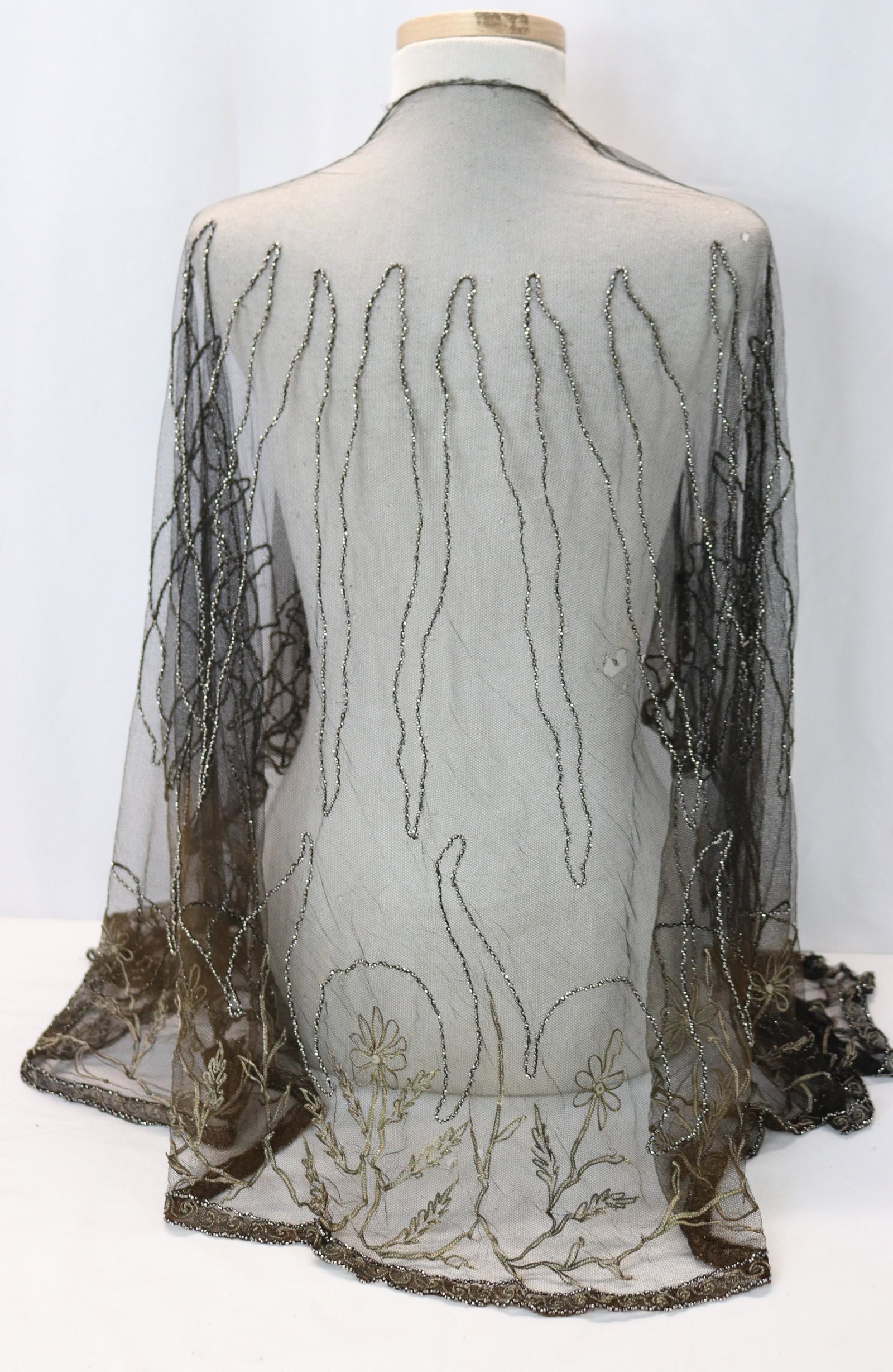 Antique Net, Embroidered and Marcasite Shawl: approx. 50 x 70. some small holes and fade, see photo's