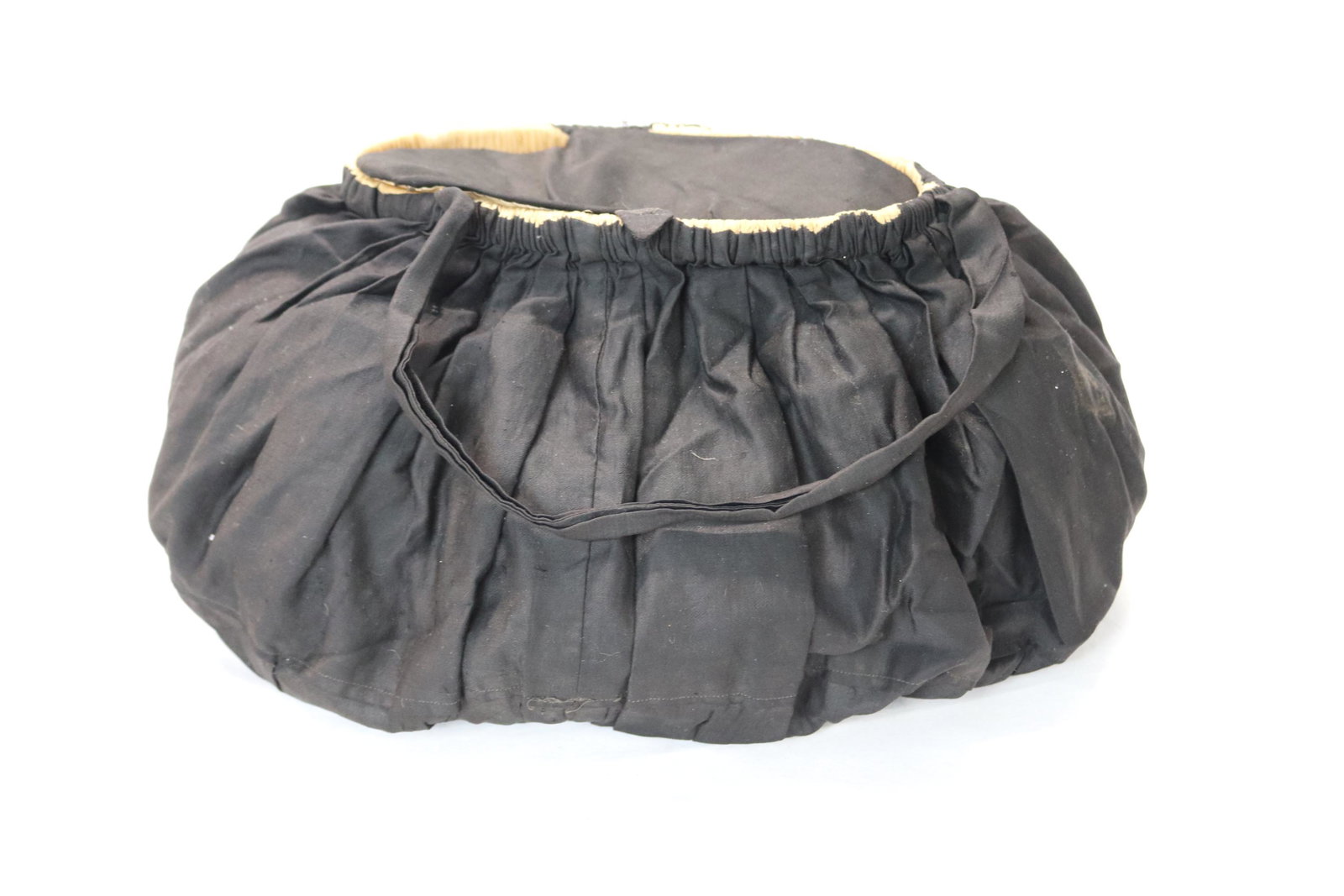 Antique Victorian Black Silk Sewing Bag: with Pin Cushions inside, small hole, see photo's