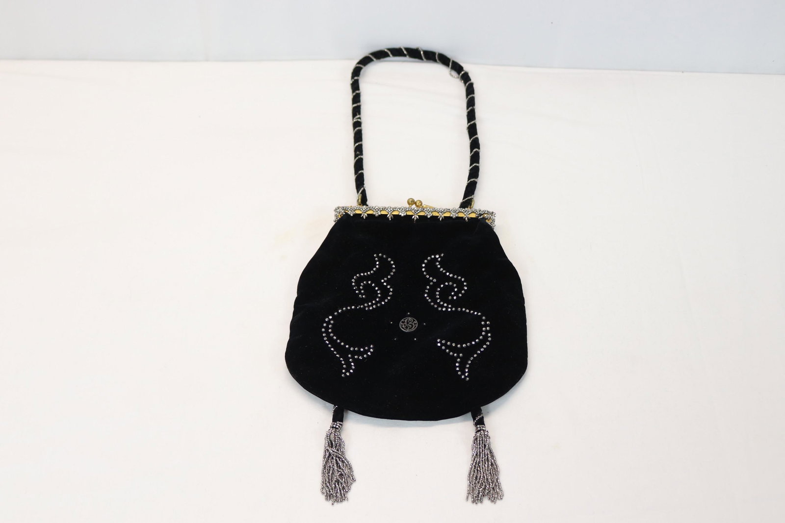 Vintage Black Velvet And Marcasite Studded Purse: Monogrammed Metal Label and marcasite tassels, see photo's