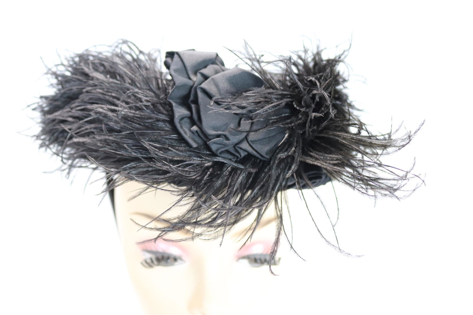 Antique Civil War Era Black Bonnet with Feathers: white mark on inside, see photo's