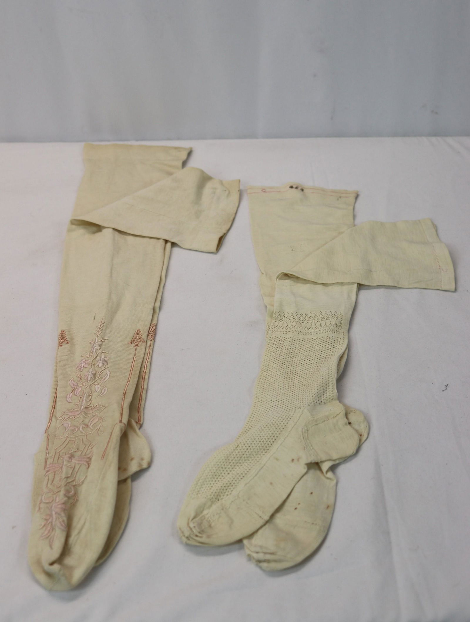 Lot of 2 Pair Victorian White Stocking, Embroidered & Lace: embroidered pair has small stains, lace pair with old repairs