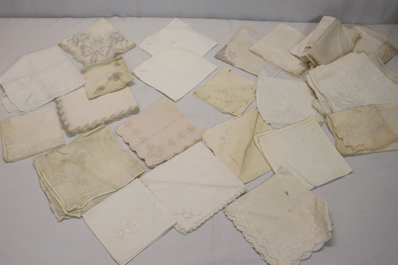 Lot of 34 Vintage White Hankies, some Old Store Stock: see photo's