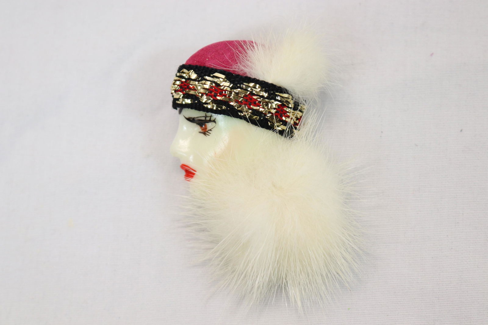 Vintage 1920's Flapper Woman Brooch with White Mink Fur: approx. 2 1/2 inches including fur, see photo's