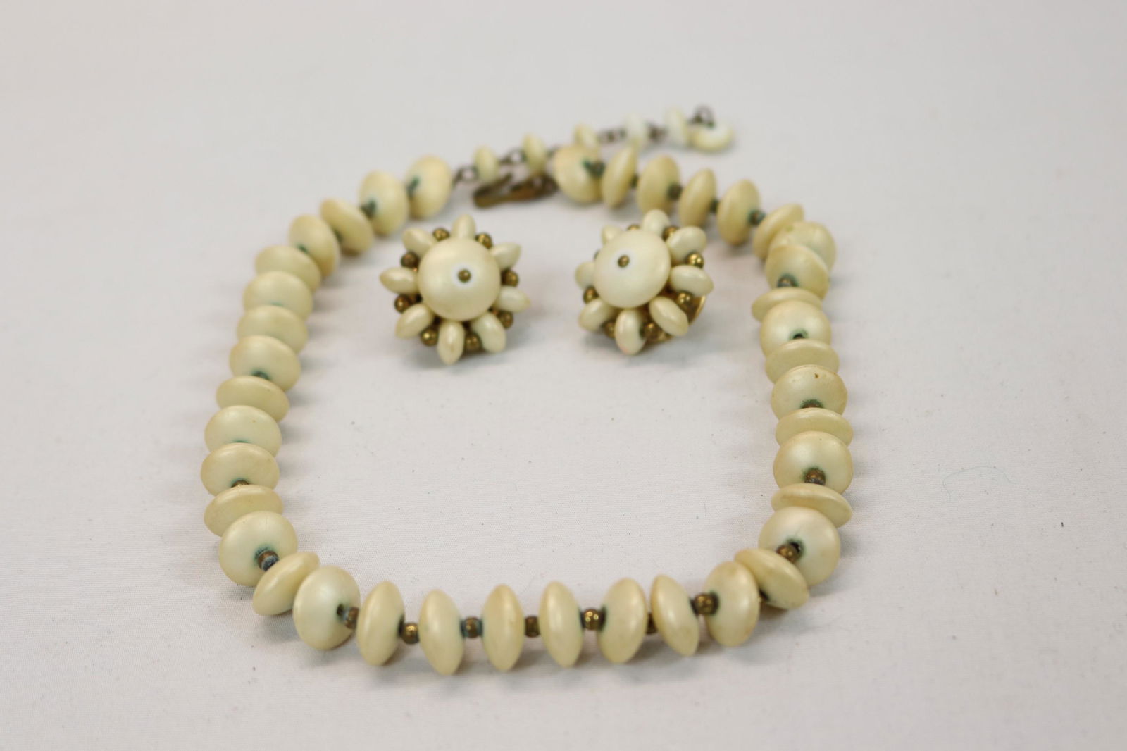 Vintage 1950's White & Brass Beaded Necklace & Earring Set (1 of 4)