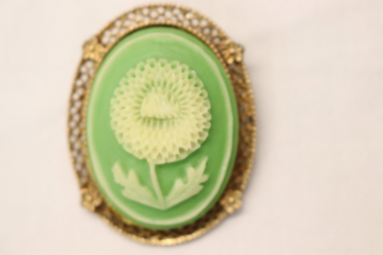 Vintage Unusual Carved Green Flower Cameo Brooch (1 of 5)