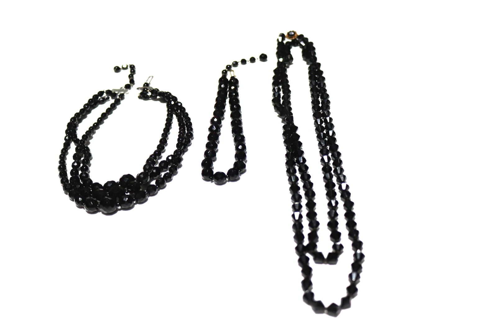 Lot of 3 Black Jet Glass, Flapper Necklace, Short & Triple Strand Necklace (1 of 4)