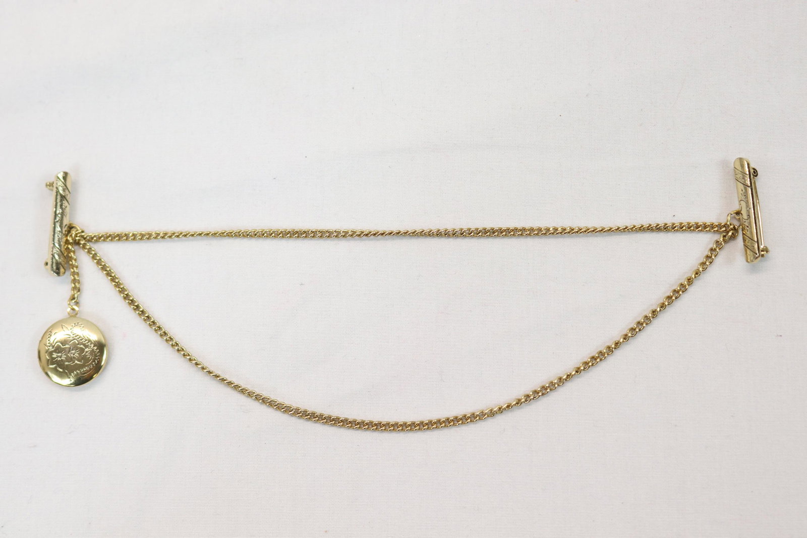 Vintage Vest Bar Pins with Chain & Locket: approx. 8 1/2 inches long, 3/4 inch locket, see photo's