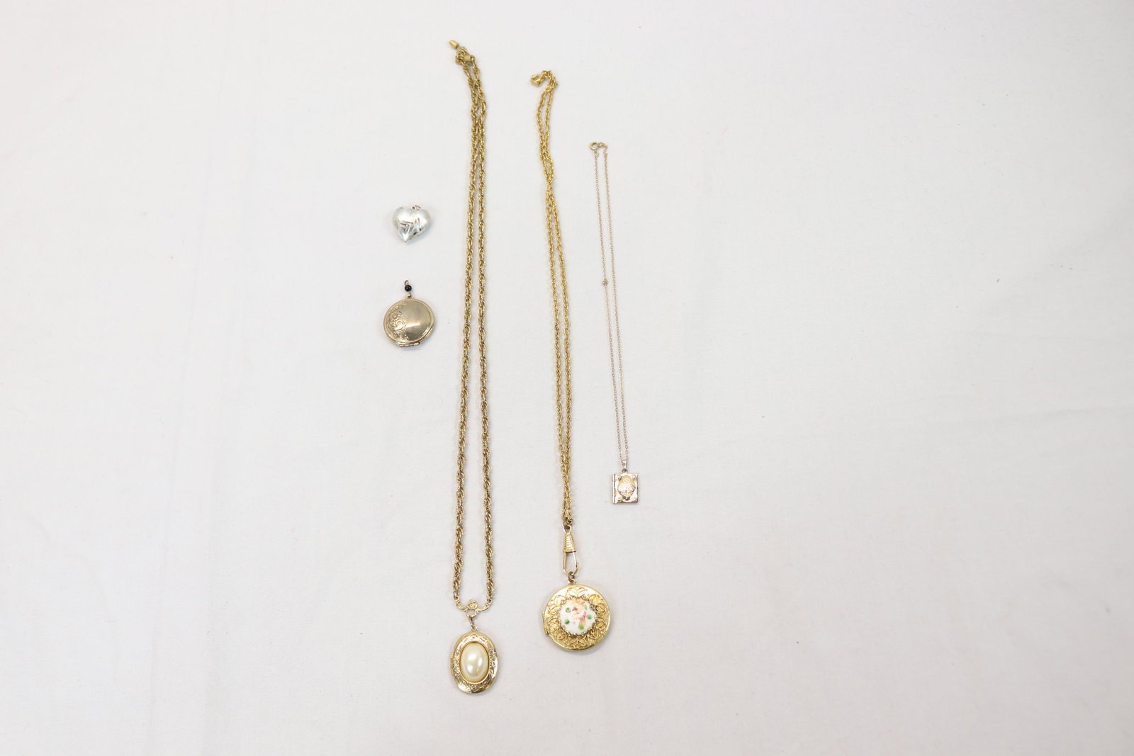 Lot of 4 Lockets & Heart Pendant, Hand Painted Enamel, Etched, Pearl & Book Style: see photo's