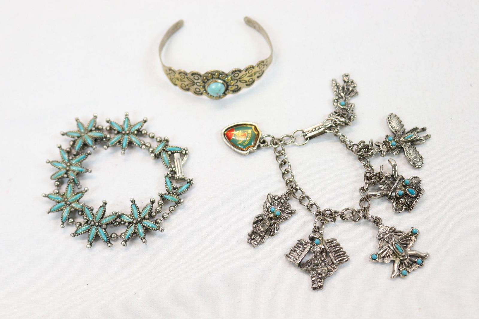 Lot with 2 Charm & 1 Cuff Bracelets with Turquois: see photo's
