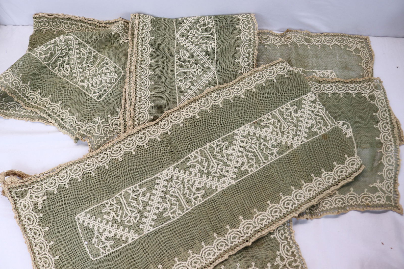 Lot of 5 Matching Antique Green Fish Net Embroidered Table Runners: approx. 34, 2 at 104, & 2 at 17, see photo's