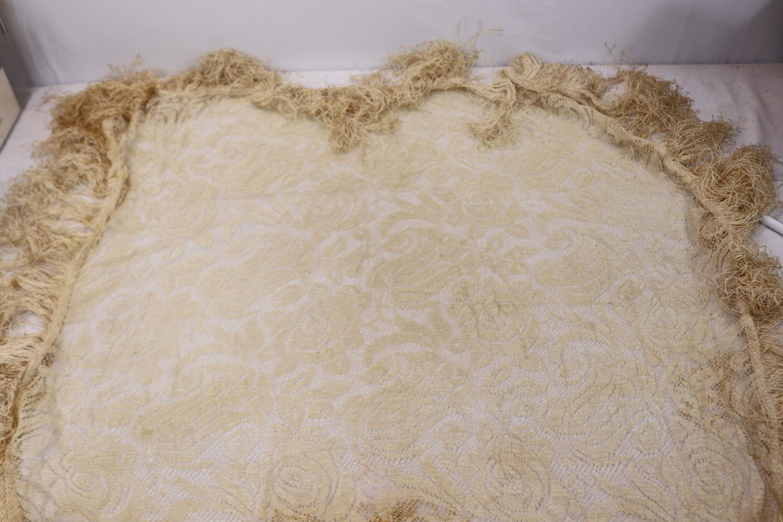 Antique Silk Needle or Bobbin Lace Fringe Shawl Table Topper (1 of 4)