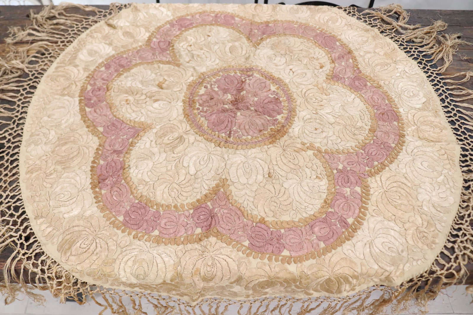 Antique Stunning Hungarian Embroidered Round Table Topper with Fringe: approx. 36 inches across, not including 8 inch fringe,