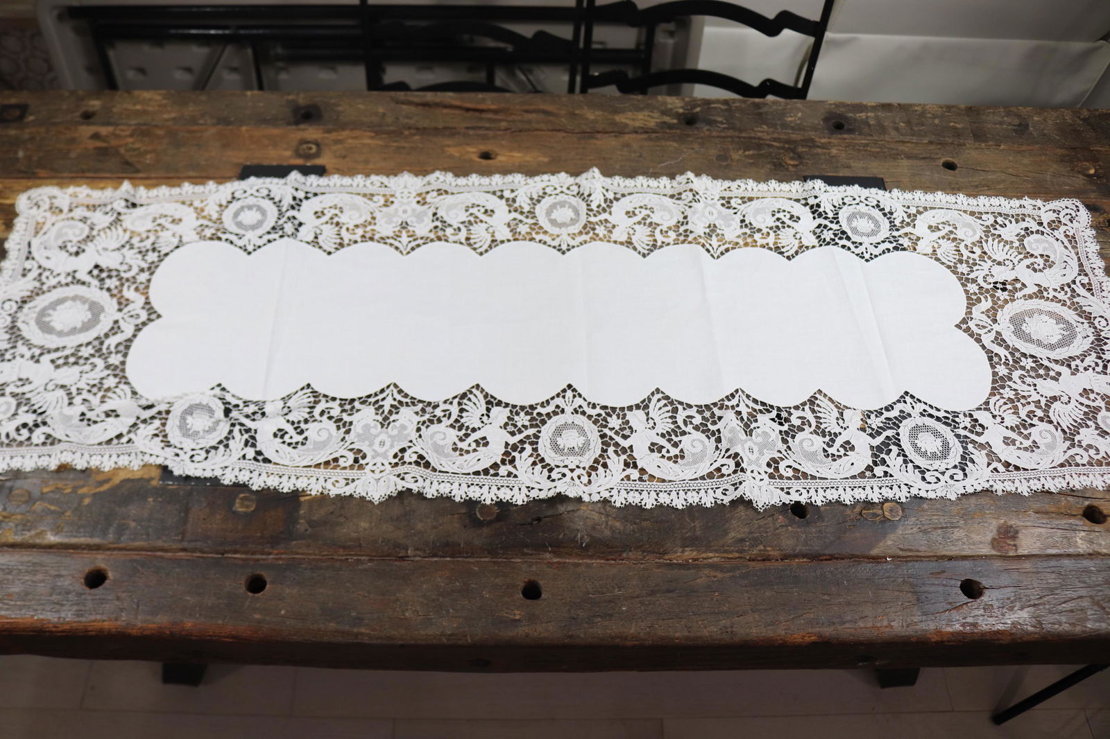 Antique White Needle/Bobbin Lace Table Runner with Ladies & Mermaids (1 of 3)