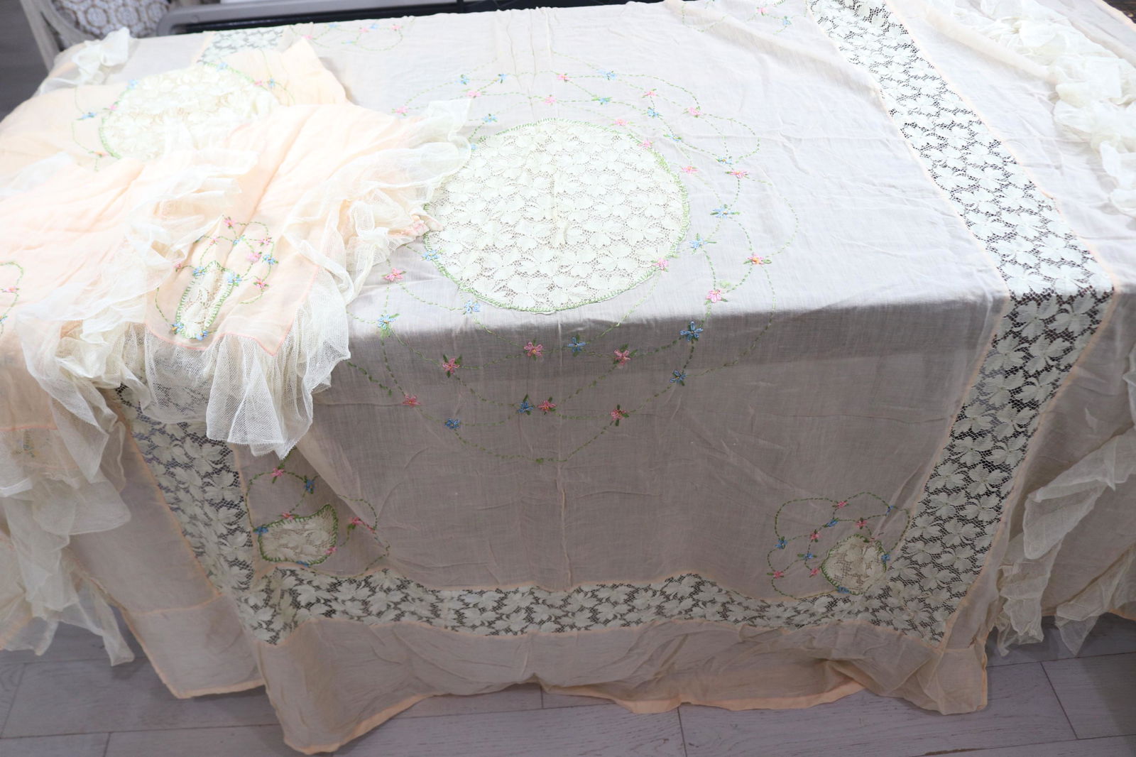 Vintage Lace & Floral Embroidered Bedspread, Curtain, & Dresser Scarfs (1 of 6)