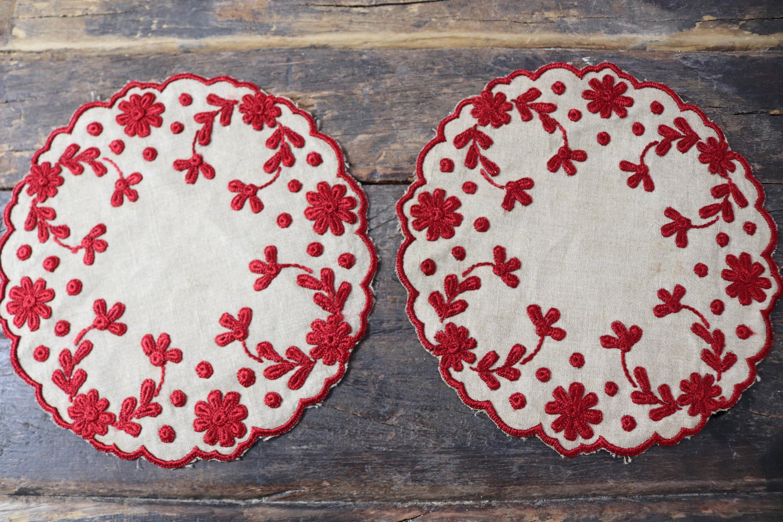 Pair of Red Work Embroidered Doilies: approx. 9 1/2 inches each, see photo's