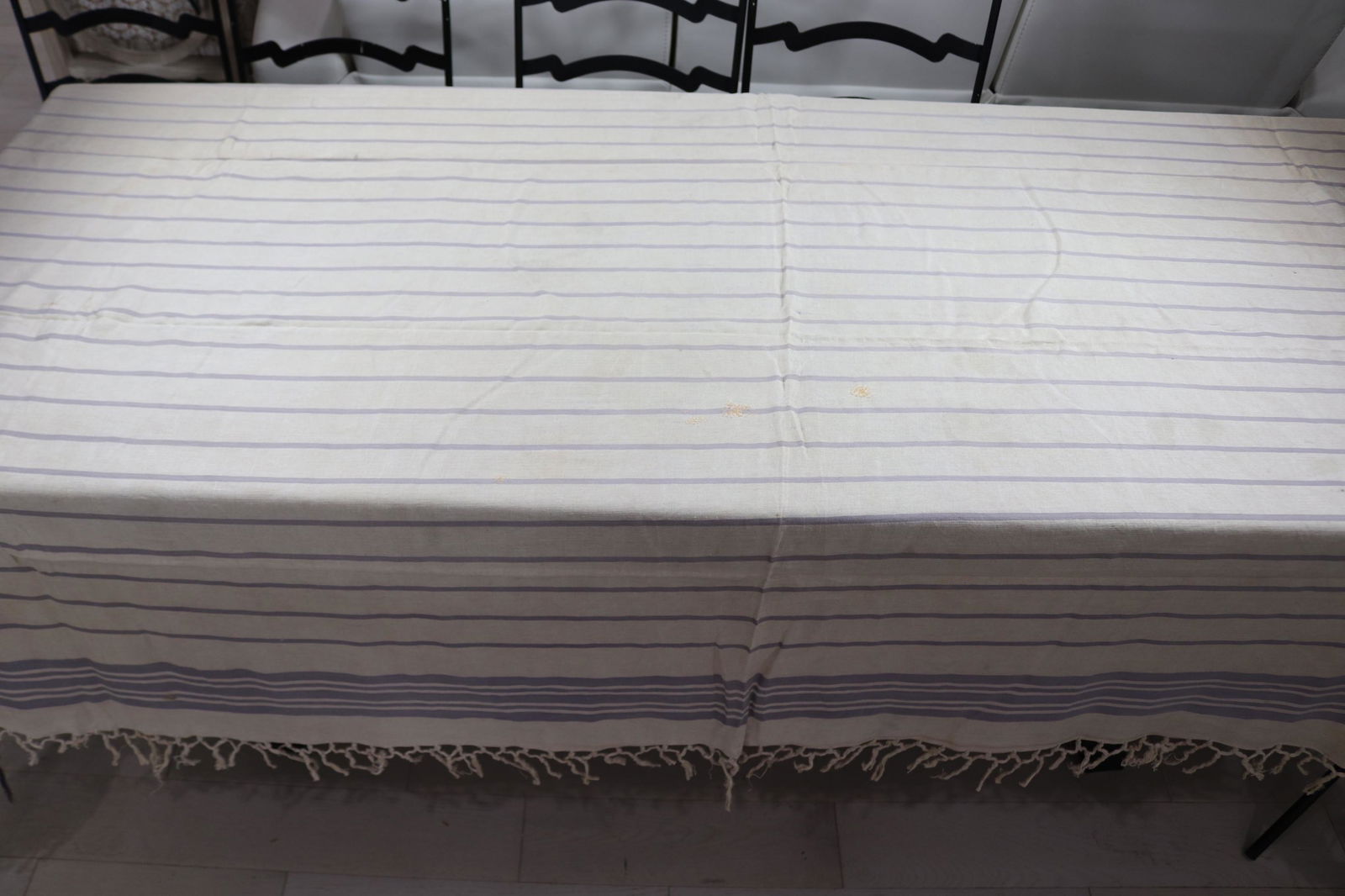 Antique Purple Stripped Linen Tablecloth with Fringe: approx. 52 x 108 with out 2 1/2 inch fringe, has some old repairs and stains, see photo's