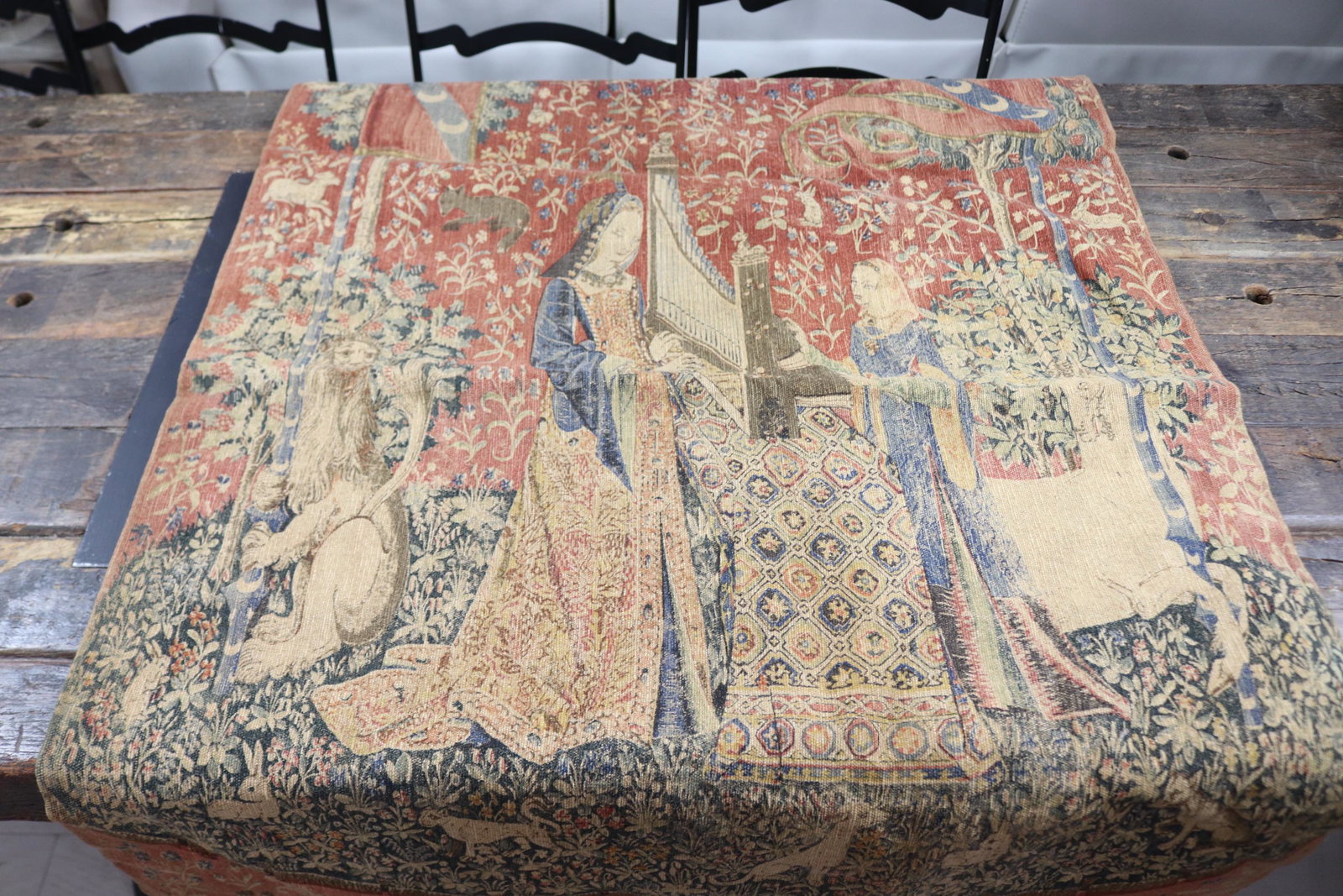 Vintage Tapestry with Woman & Animals: approx. 31 x 44, good condition, burlap backing has water stains, see photo's