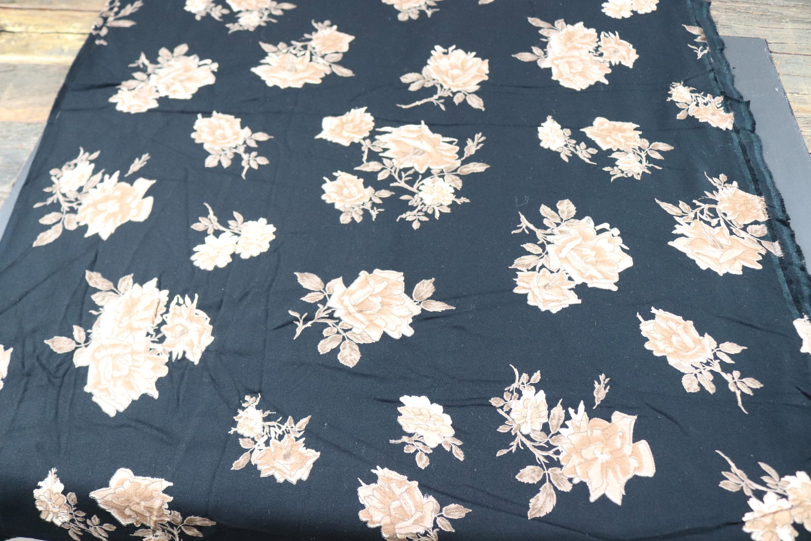 Vintage Black & Brown Floral Rayon Blend Fabric: approx. 56 wide by 4 yards, see photo's