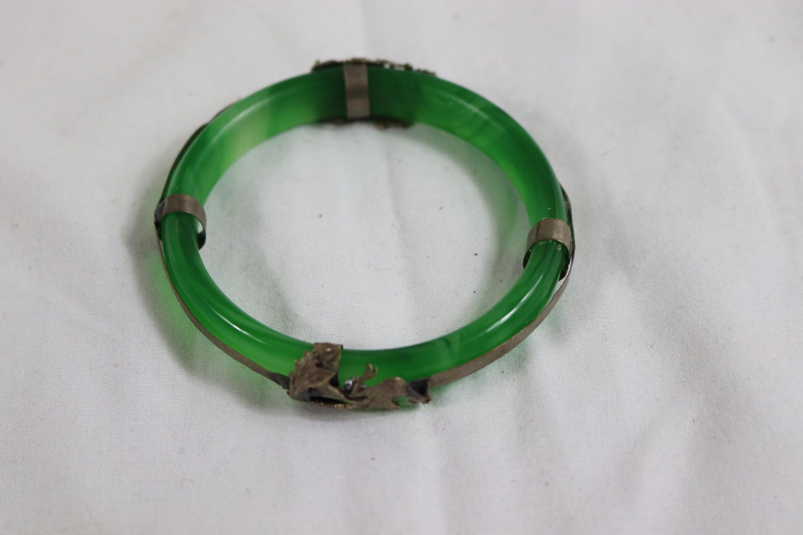 Antique Chinese Jade & Silver Bangle Bracelet, Dragon & Peacock (1 of 3)