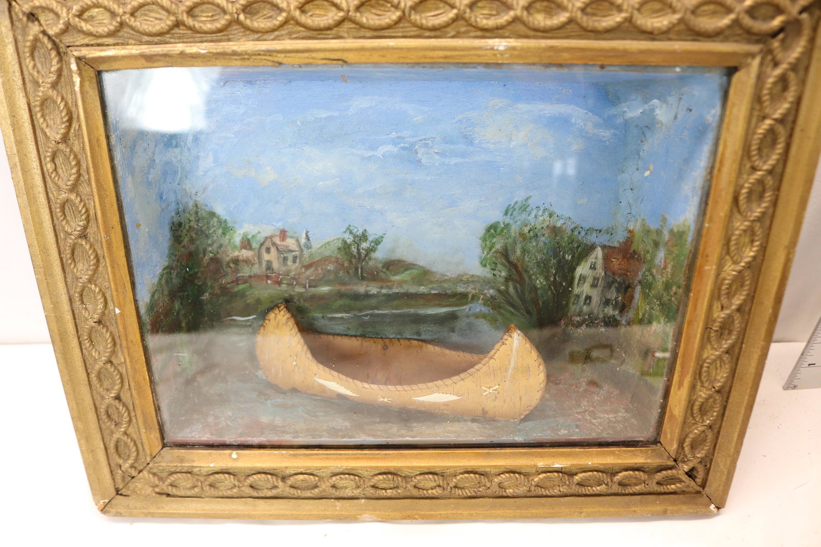Early Antique 3/D Oil Painting with Wood Canoe in Shadow Box (1 of 9)
