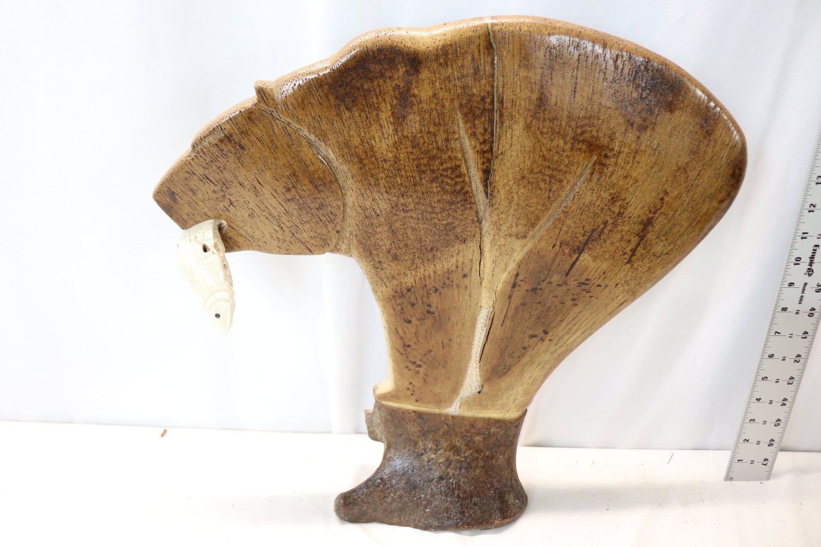 Chupak Juneau Moose Antler Carved Bear with Bone Fish Alaska, Signed: PLEASE LOOK AT PHOTO'S FOR ANY DAMAGES AND MEASUREMENTS