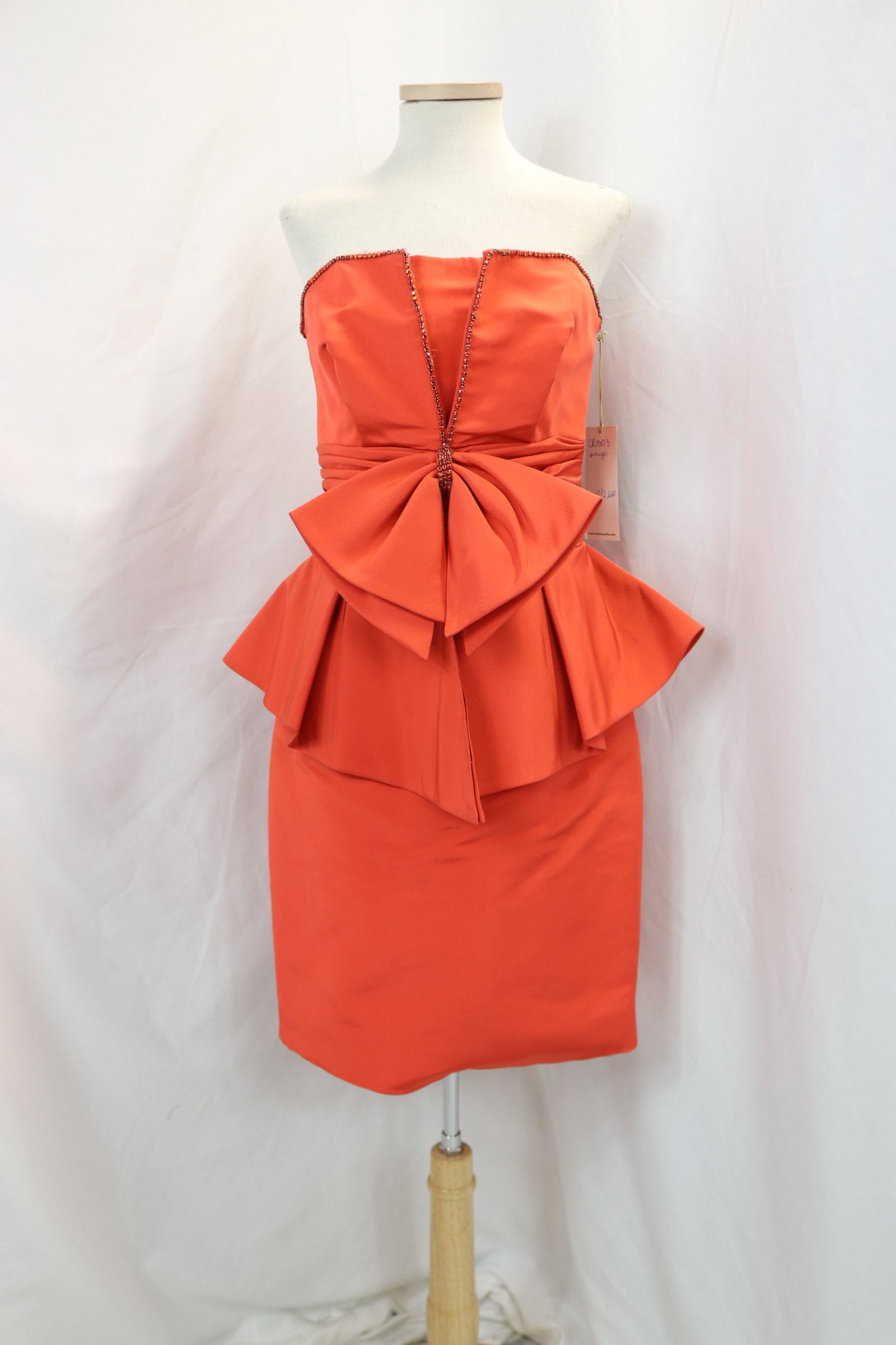 Vintage Lorena Sarbu Old Store Stock Runway Peplum Dress with Red Rhinestones & Large Bow: approx. 32 bust, 26 waist, 36 hips, slight underarm marks, see photo's