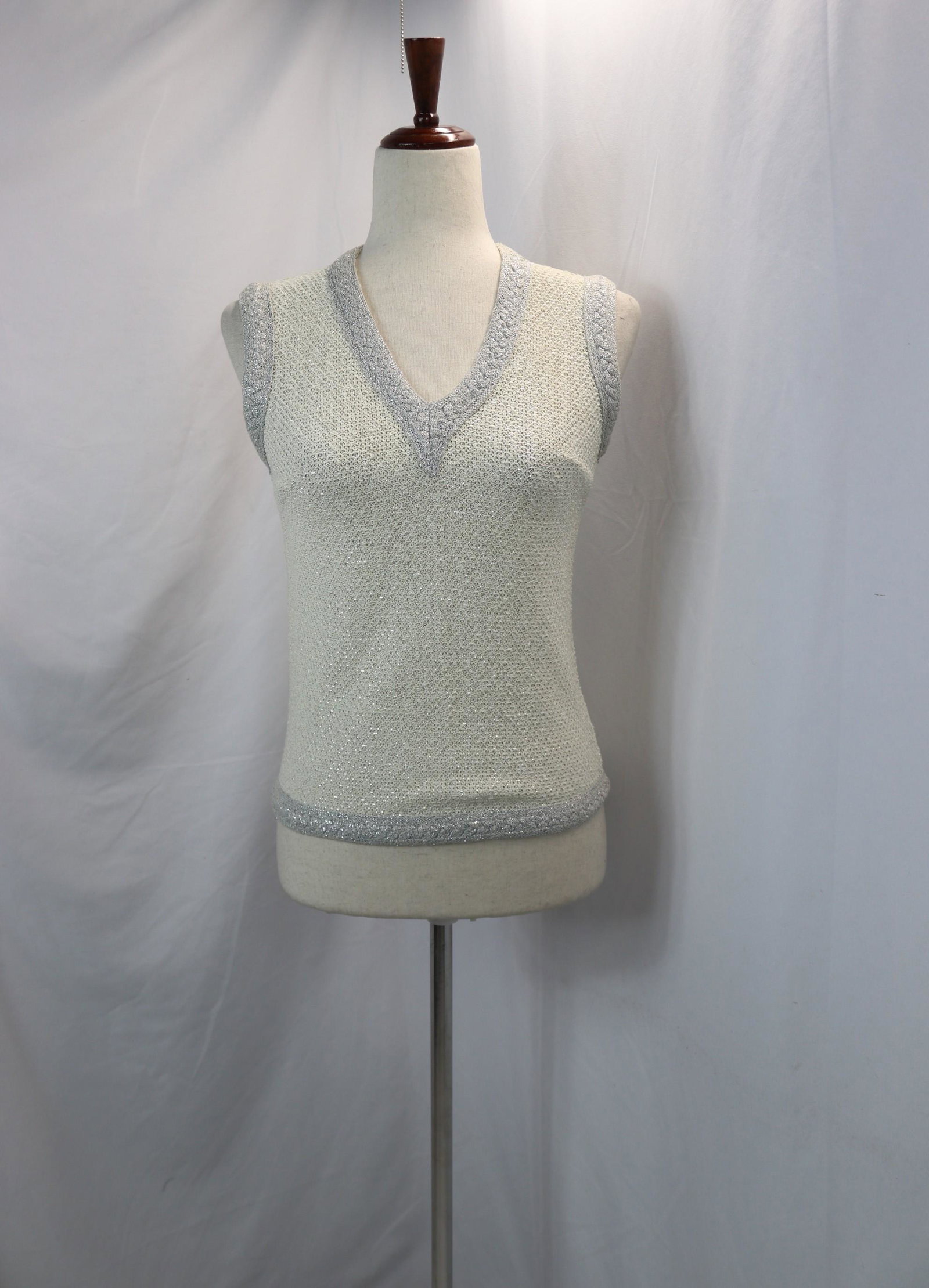 Vintage 1950's Cabot Sleeveless V-Neck Sweater with Silver Metallic Thread: approx. 34 bust, 30 waist, good condition, see photo's