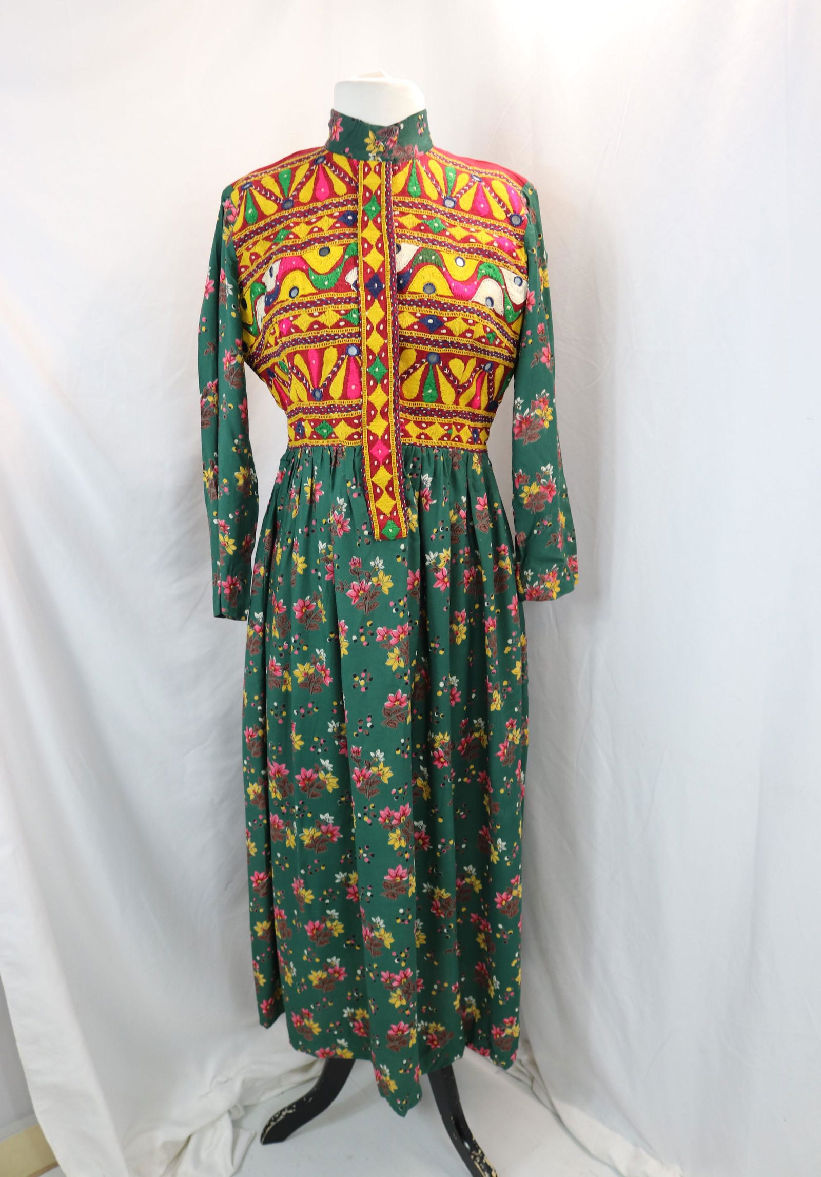 Vintage 1970's Karavan Green Floral Embroidered Bodice with Mirror's Maxi Dress, India (1 of 5)