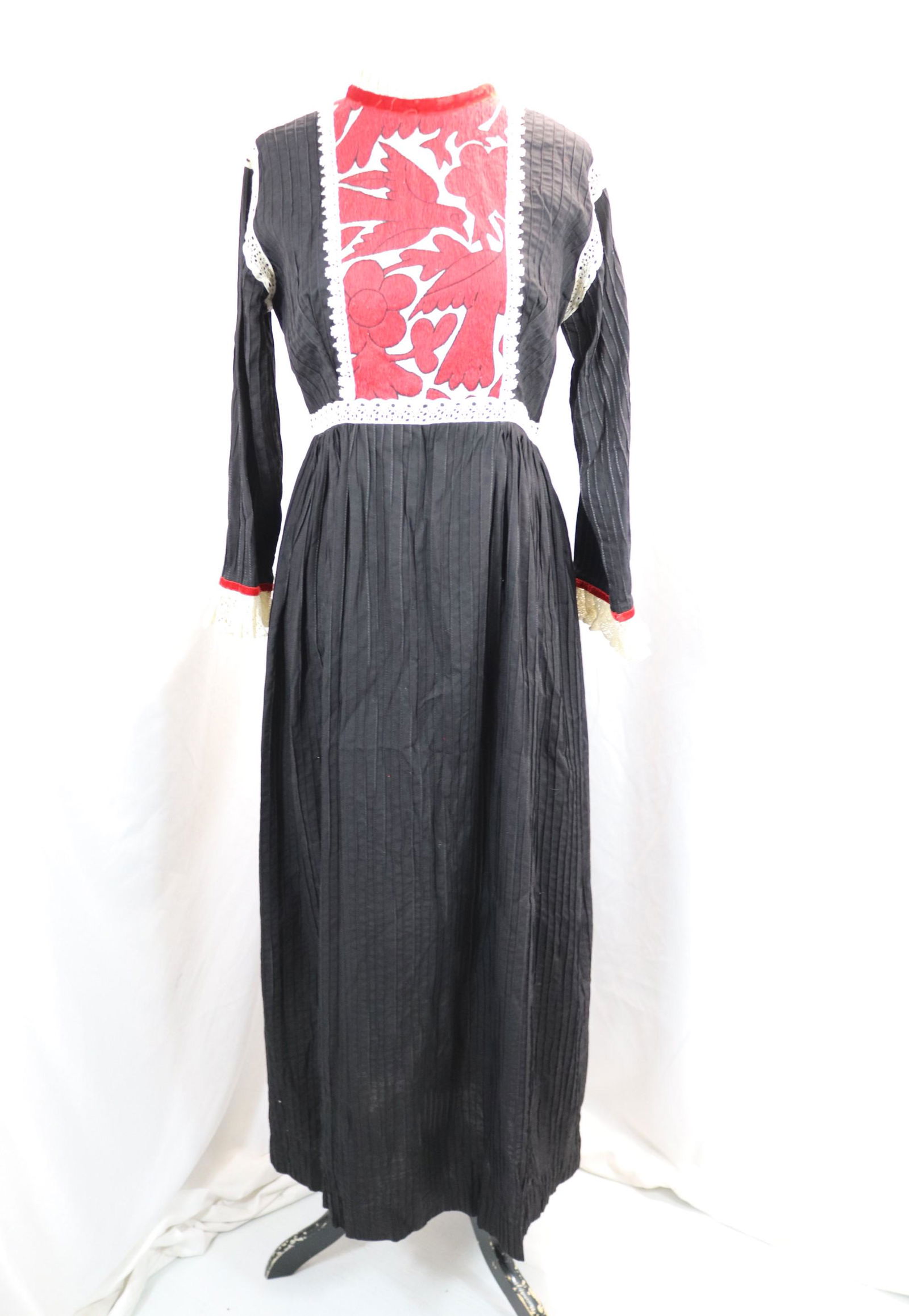 Vintage 1970's Black Pintucked Maxi Dress with Red Embroidery & Lace (1 of 5)