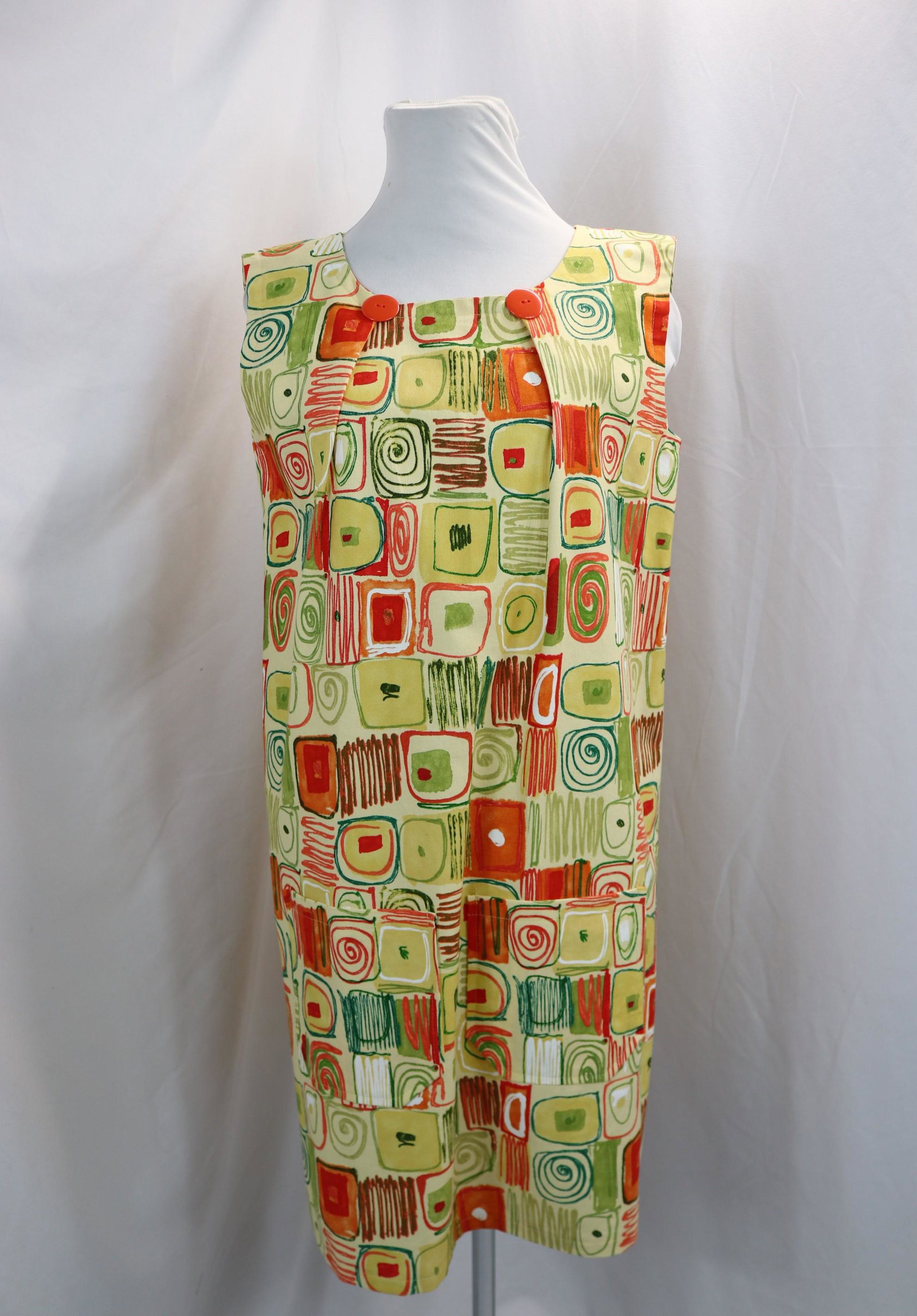 Vintage 1960's Mod Cotton Abstract Tunic Dress with Orange Buttons: approx. 37 bust, 38 waist, good condition, see photo's