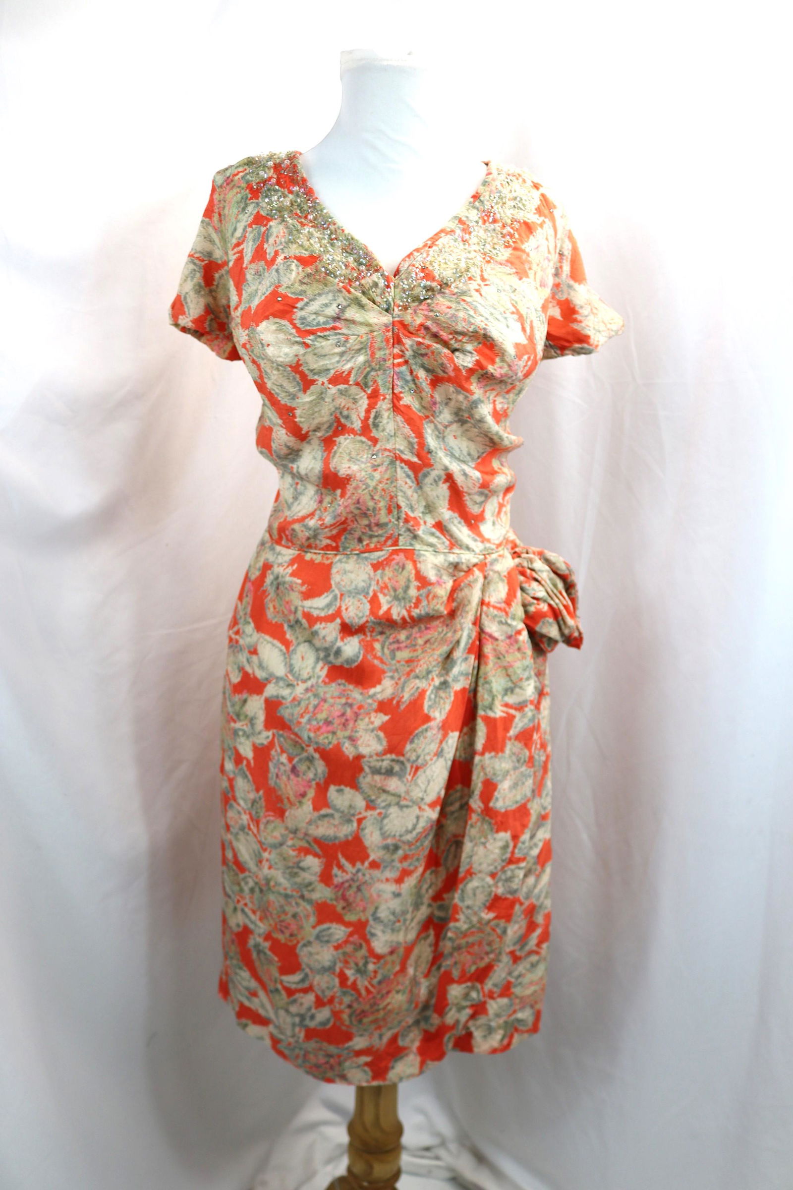 Vintage 1940's Orange Watercolor Silk Dress with Sequin & Rhinestones (1 of 4)