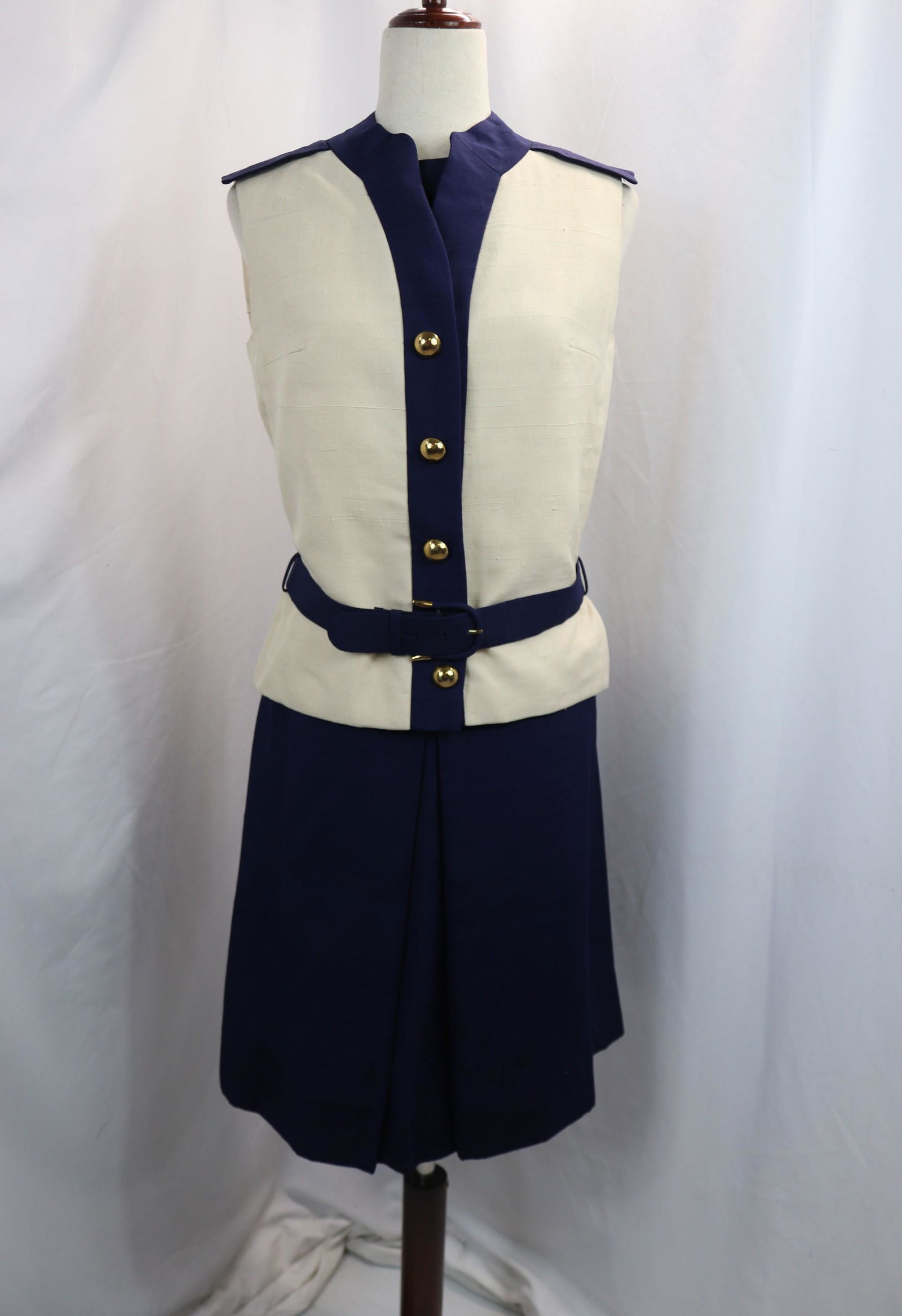 Vintage 1960's Navy & White Color Block Silk Dress with Vest Style Jacket (1 of 11)