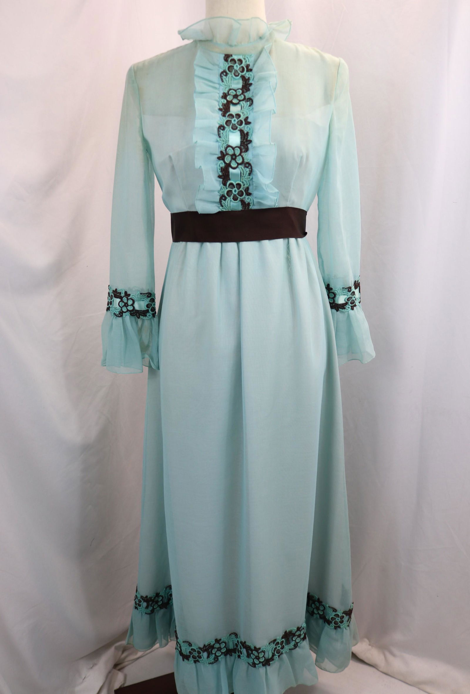 Vintage 1960's Aqua Blue & Brown Lace Trim High Waist Gown (1 of 8)