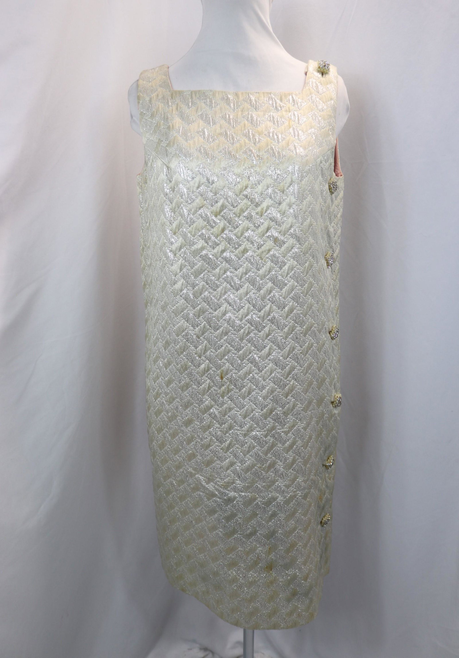 Vintage 1960's Silver Quilted GoGo Dress with Rhinestone Buttons: approx. 36 bust and waist, small stain, see photo's