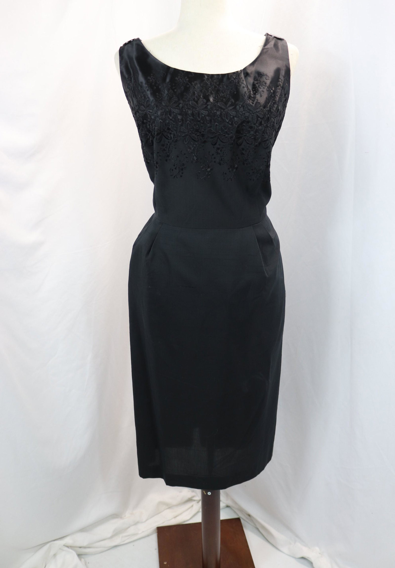 Vintage 1960's Black Silk, Satin, Embroidered Sheath Cocktail Dress: approx. 40 bust, 36 waist, good condition, see photo's