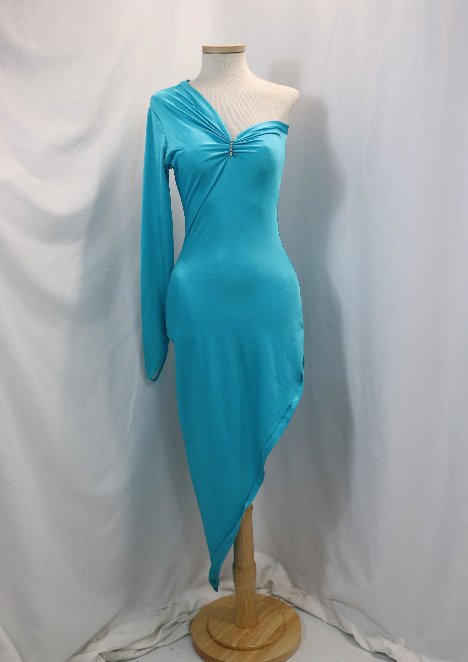 Vintage 1980's Natasha Aqua Blue Body Con Stretch One Shoulder Dress (1 of 5)