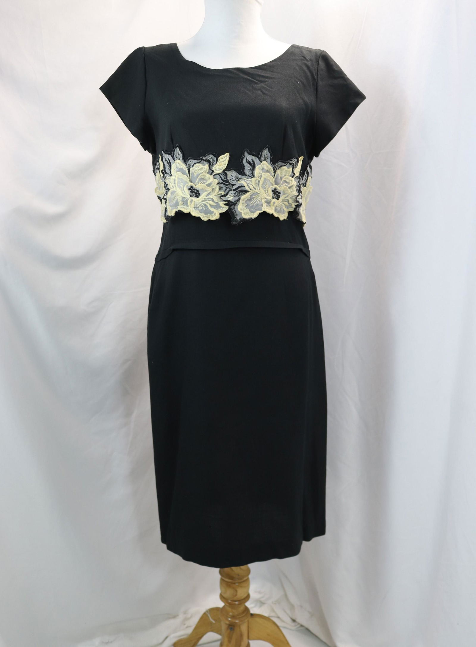 Vintage 1960's Black Linen Sheath Dress with Attached Applique Crop Top: approx. 36 bust, 32 waist, good condition, see photo's