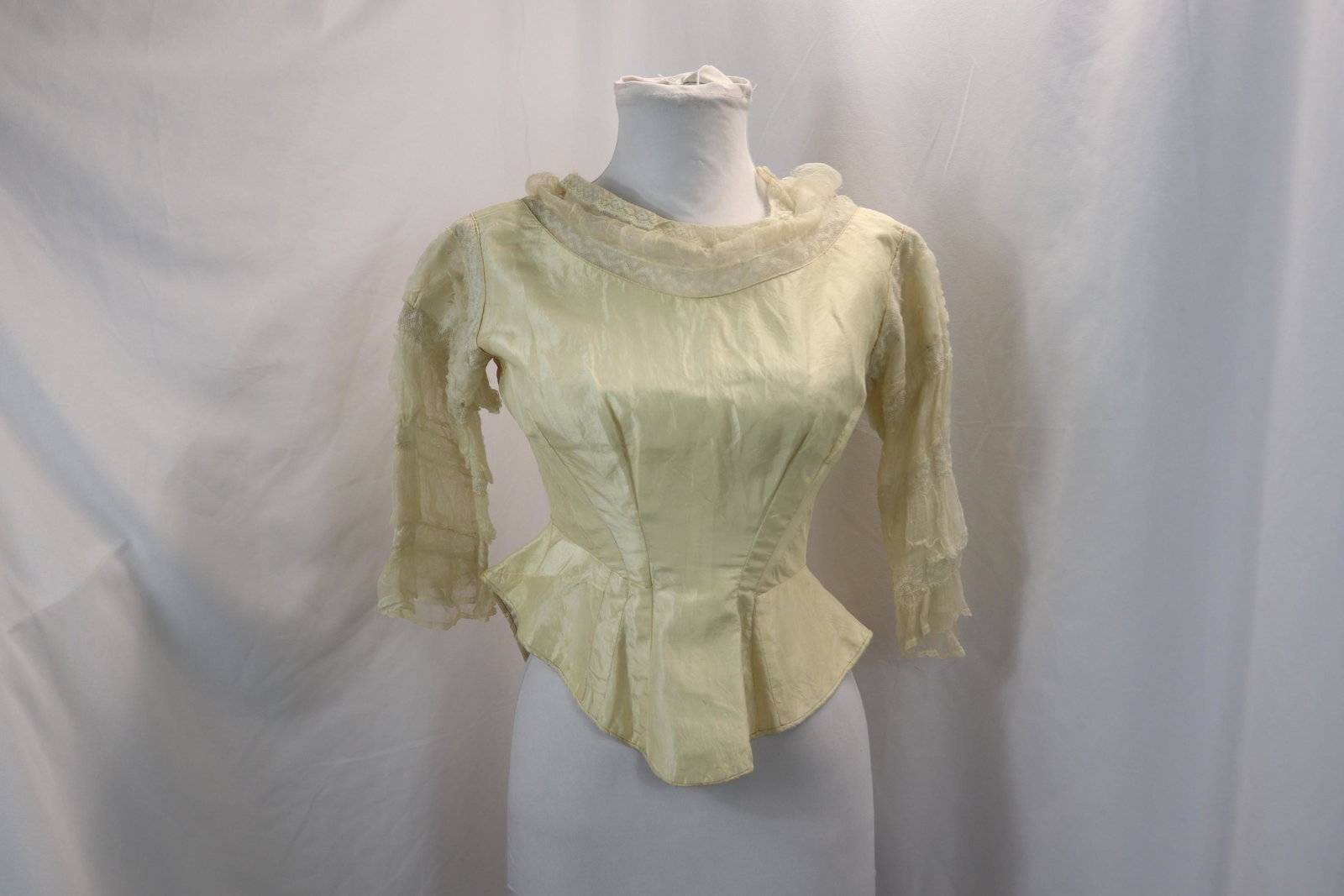 Antique 1870's Silk & Lace Bodice: approx. 32 bust, 23 waist, gauze on shoulders has holes, a couple small holes, discoloration under arms, see photo's