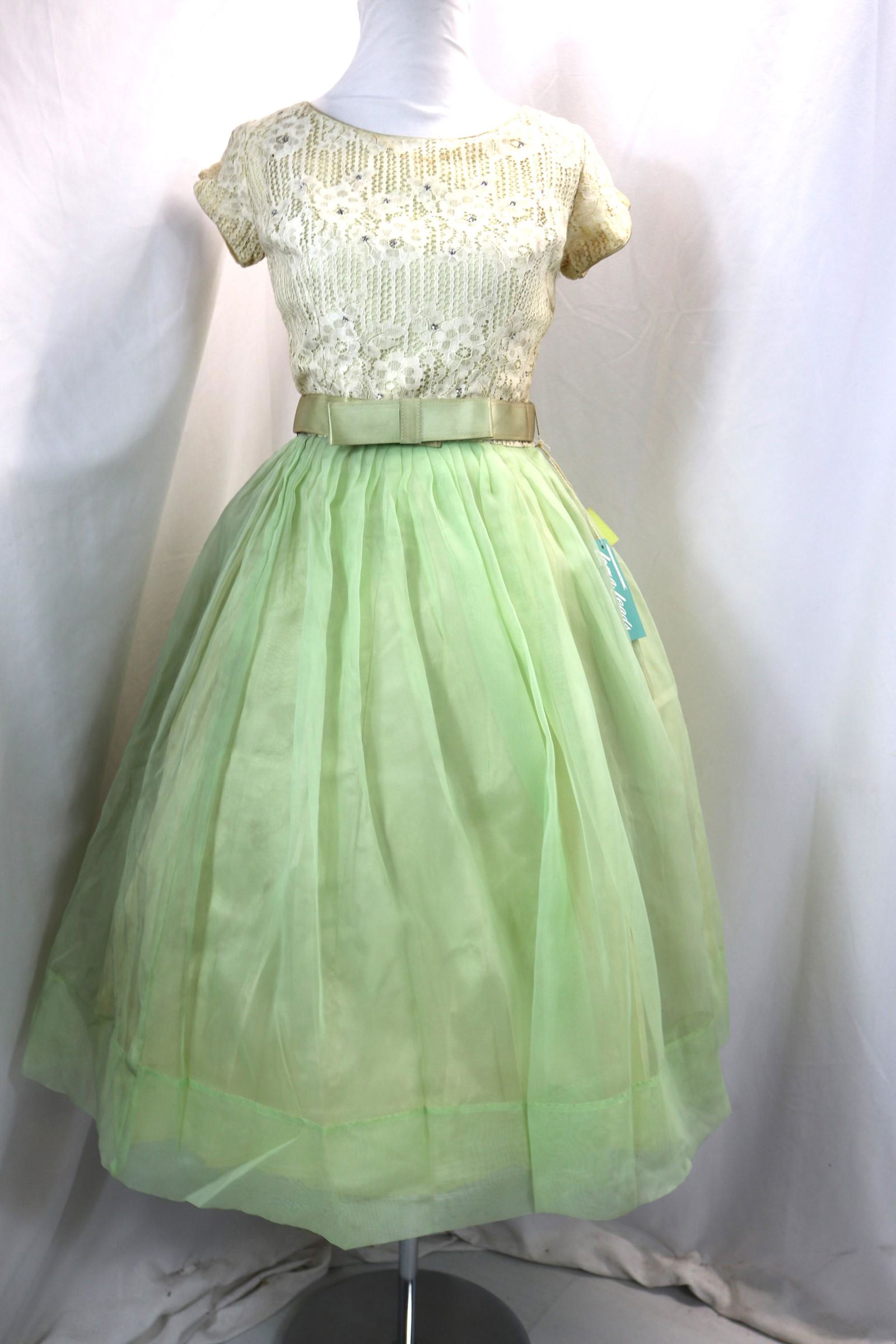 Vintage 1950's Green Nylon Chiffon & Lace Party Dress with Rhinestones, Old Store Stock (1 of 9)