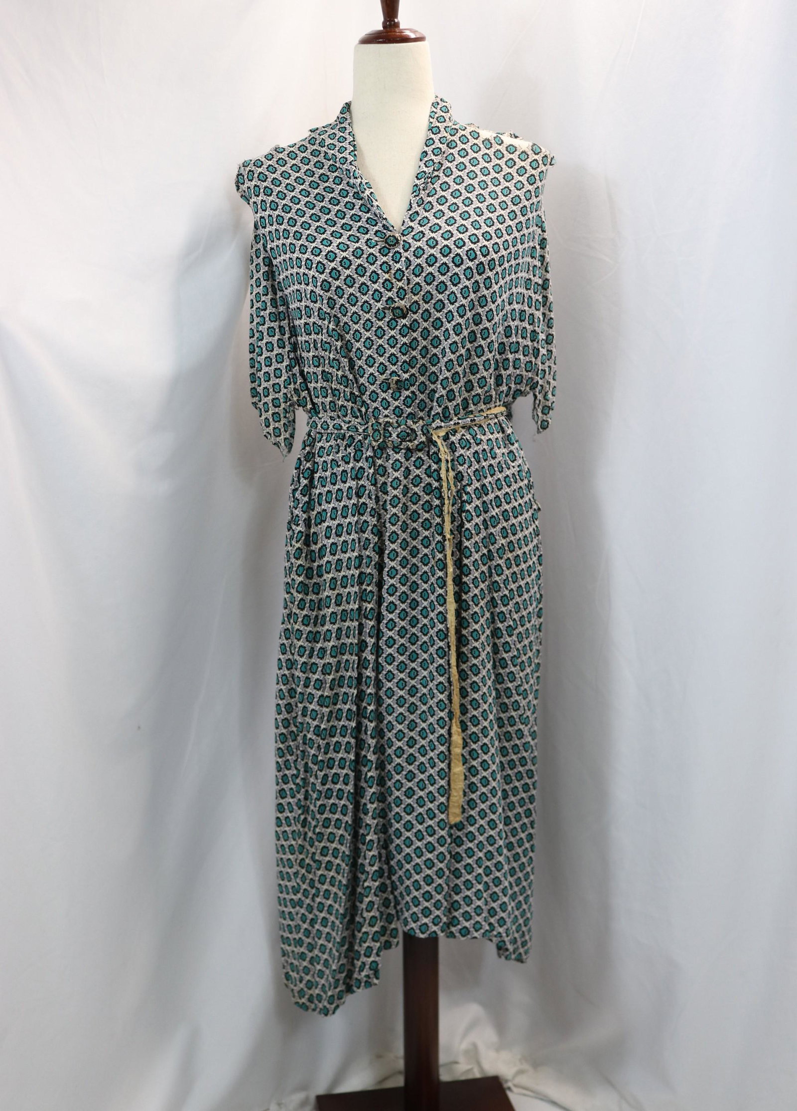 Vintage 1940's Green & Gray Silk Rayon Day Dress: approx. 56 bust, 51 waist, lots of damage, good for fabric, see photo's