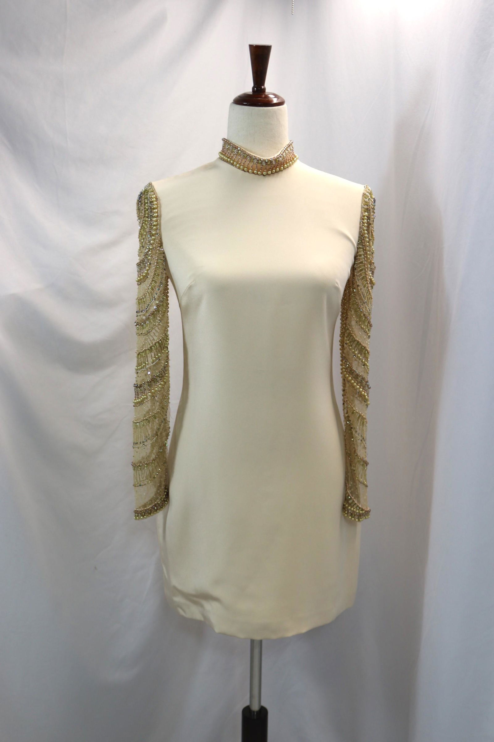 Vintage Lorena Sarbu Tan Silk Crepe & Beaded Cocktail Dress (1 of 6)