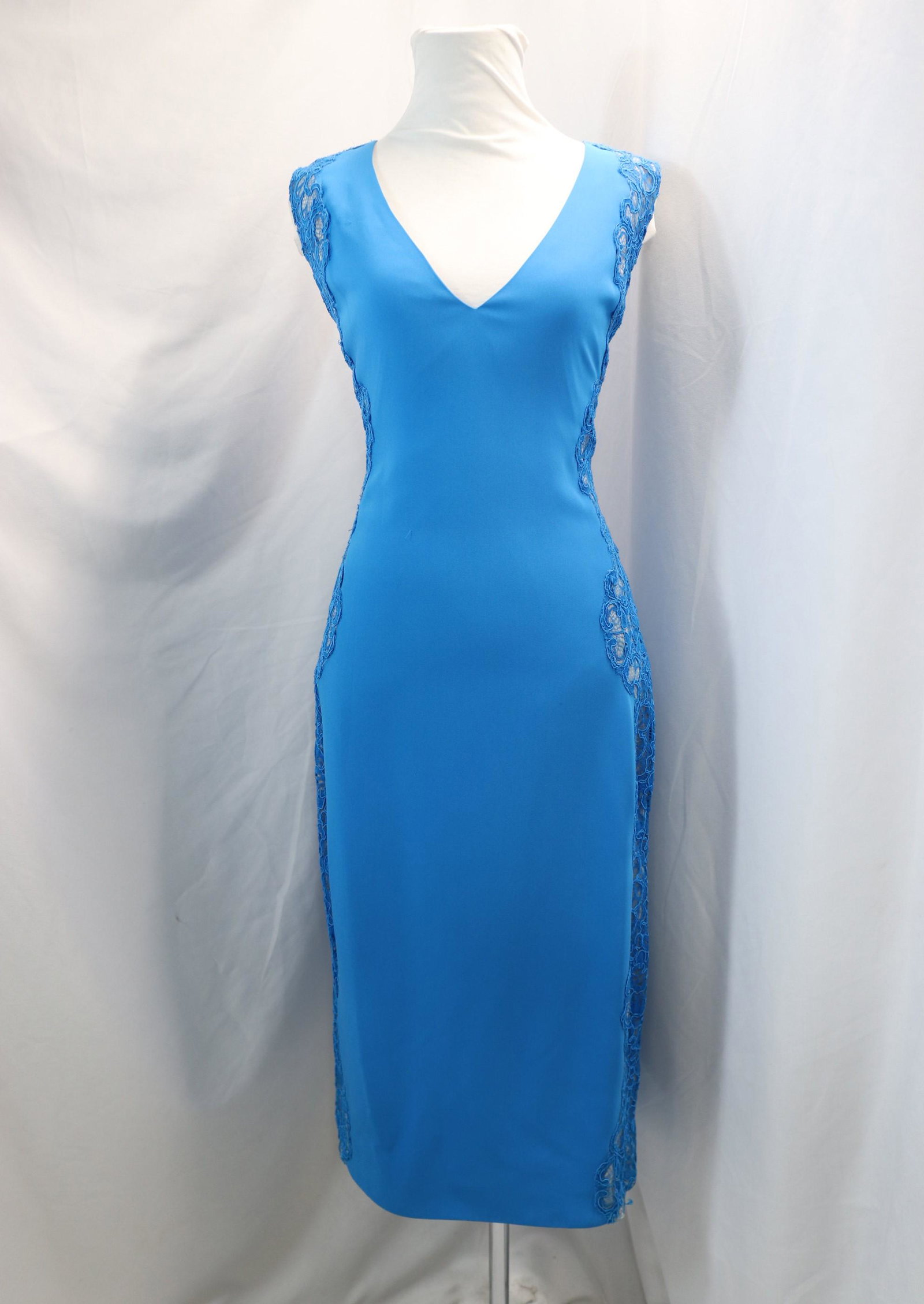 Vintage Lorena Sarbu Film Fashion Blue Silk Crepe & Lace Cocktail Dress: approx. 38 bust, 32 waist, good condition, see photo's