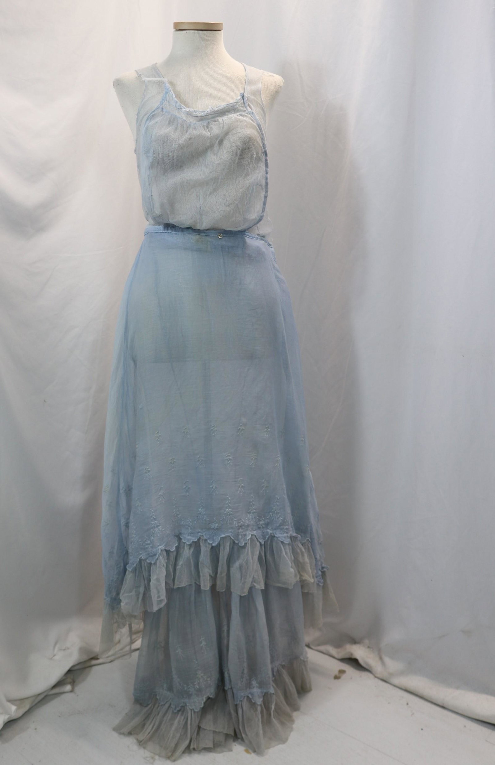 Vintage 1910's Blue Cotton & Net Tea Dress with Embroidery: approx. 28 bust, 22 waist, some holes in netting, see photo's