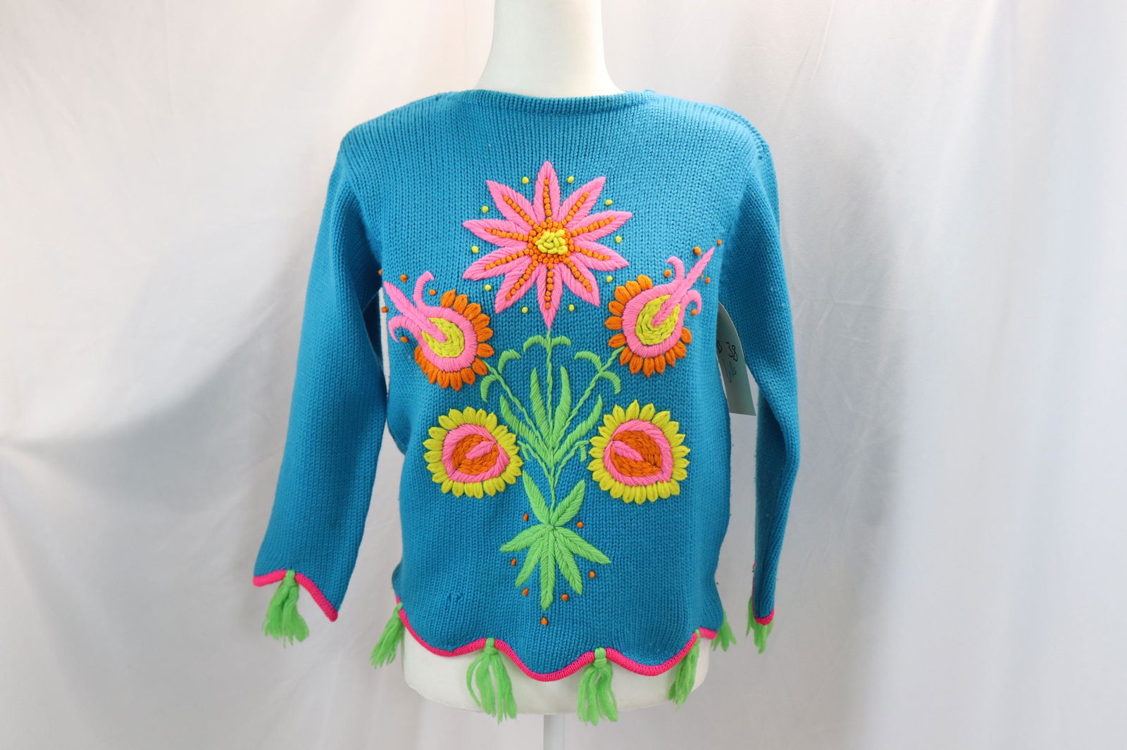 Vintage 1960's Aqua Blue Knit Sweater with Pink Flowers & Green Tassels (1 of 7)