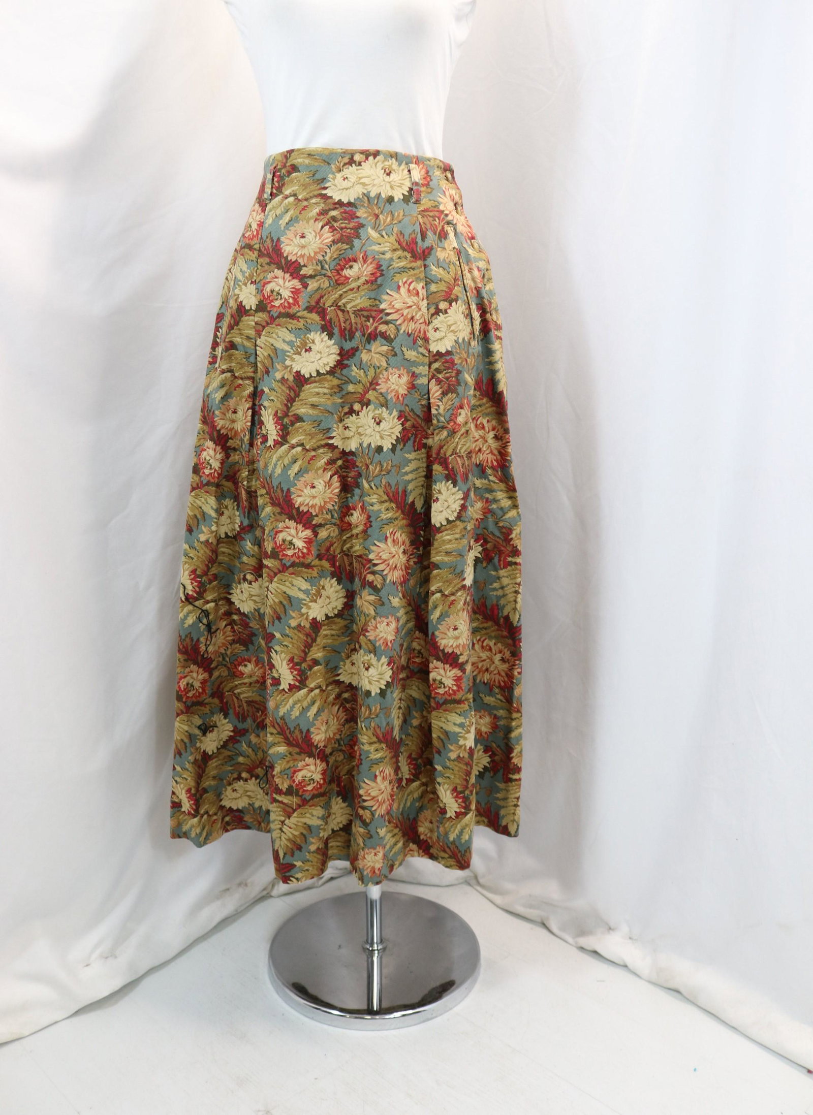 Vintage 1980's Herman Geist Floral Barkcloth Style Long Skirt: approx. 26 waist, good condition, see photo's