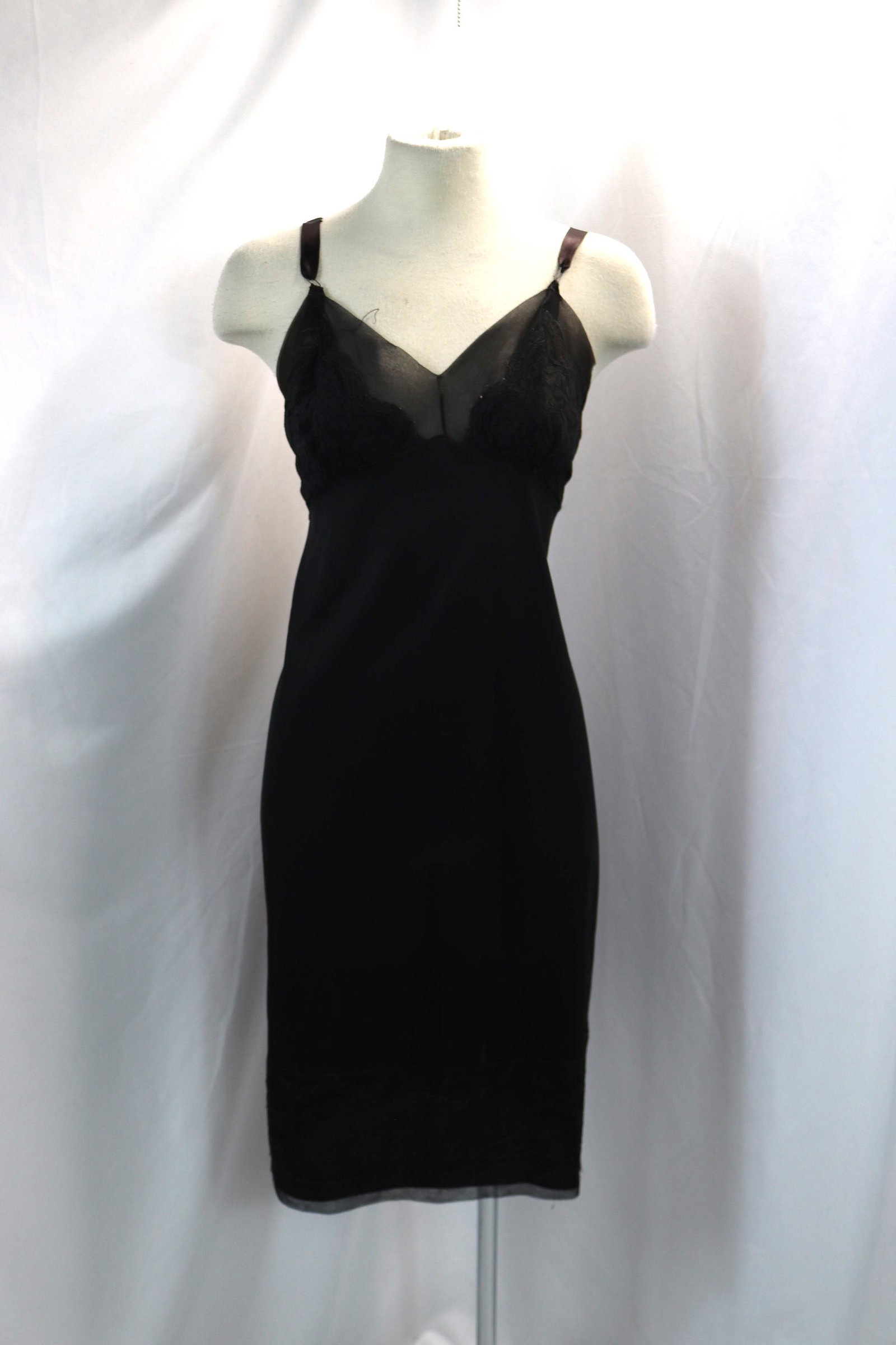 Vintage 1950's Black Nylon & Lace Full Slip: approx. 38 bust, 34 waist, small damage under arm, Lace seam repair needed, old repair to straps, some pilling around edges of lace, see photo's