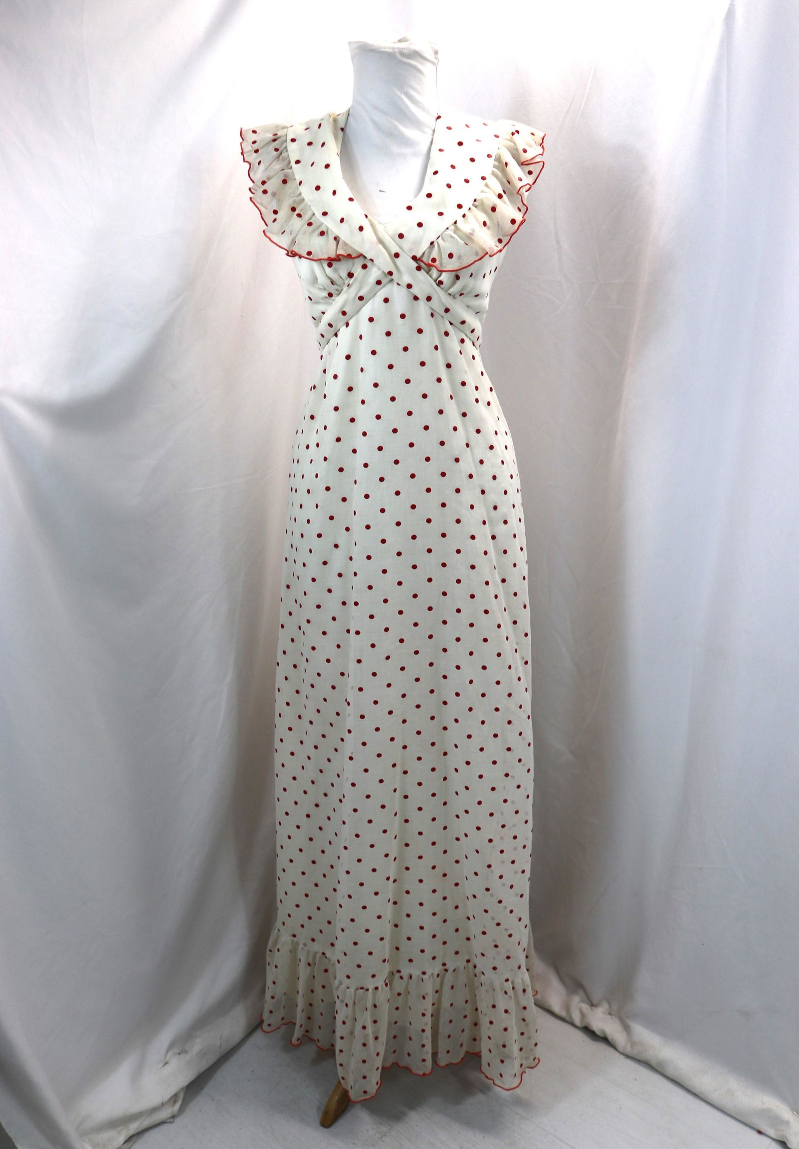 Vintage 1970's White & Red Polka-Dot Halter Maxi Dress (1 of 4)